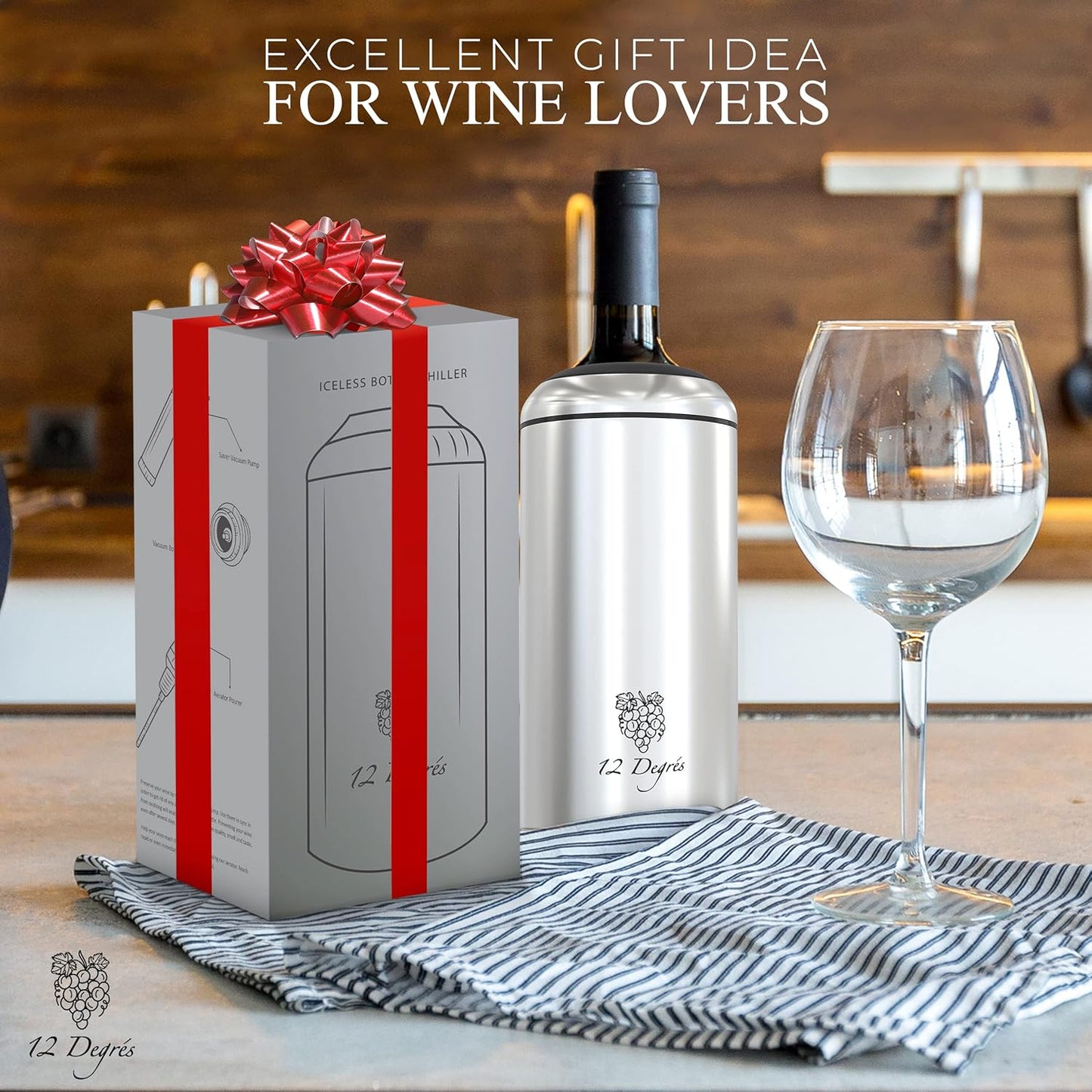 Wine Chiller Set - Perfect Wine Gifts for Women & Men - Stainless Steel Insulated Wine Cooler with Wine Pump, Aerator & 4 Stoppers (Silver)
