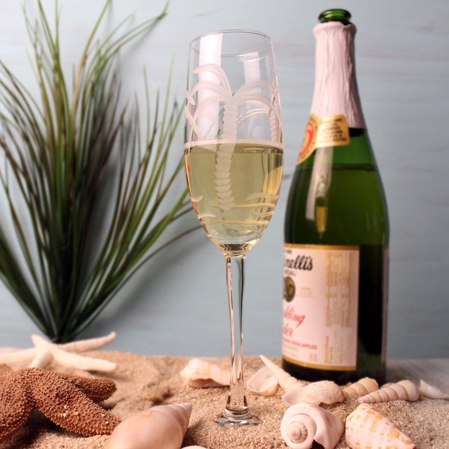 Rolf Glass Palm Tree Champagne Flute | 8oz Toasting Flute Glasses | Lead-Free and Diamond-Wheel Engraved Crystal Glass | Tropical Island-Inspired Design | Made in America | Set of 4