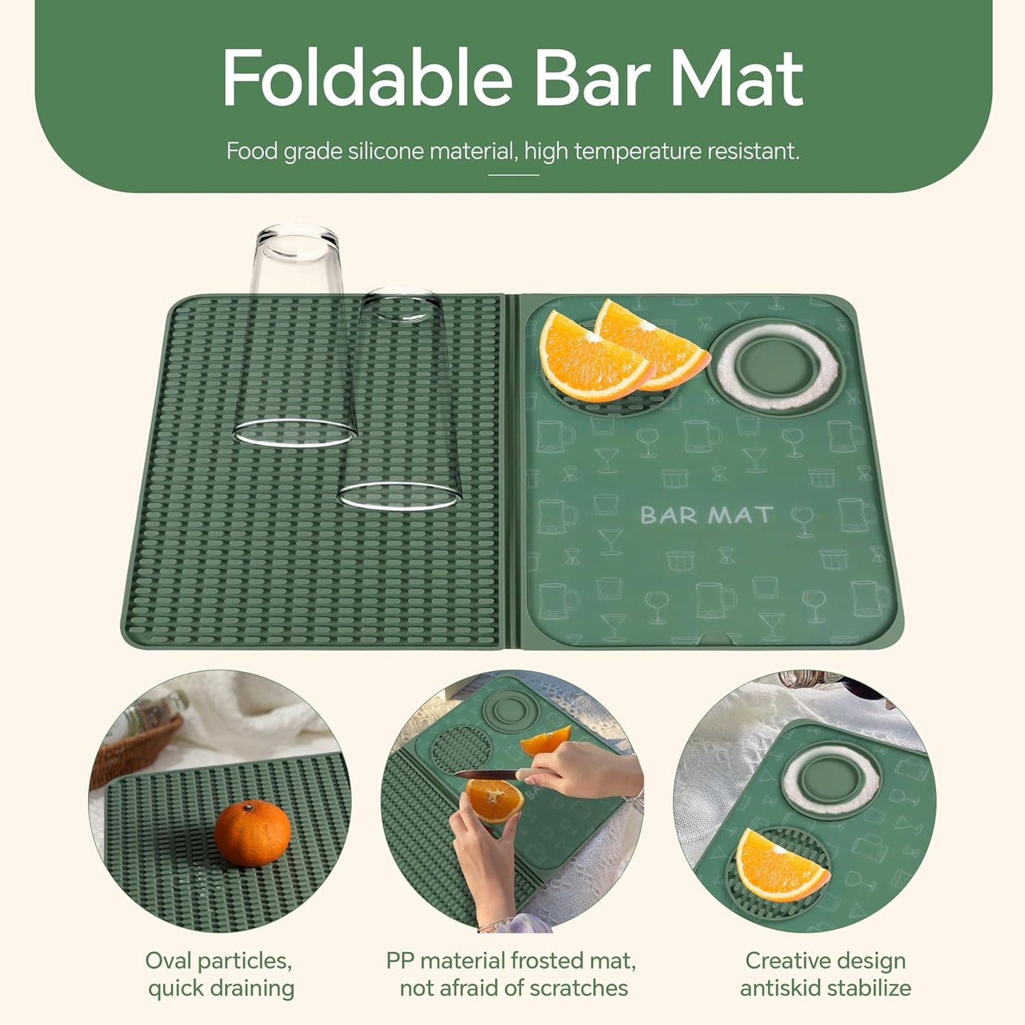 Bar Mat, Bar Accessories, Multifunctional Folding Cocktail Mat with Cutting Board, 18" X 12"(Green) Drying Mats,Bar Mat for Countertops,Bar Decorations for Home, Outdoor Bar Accessories,Travel