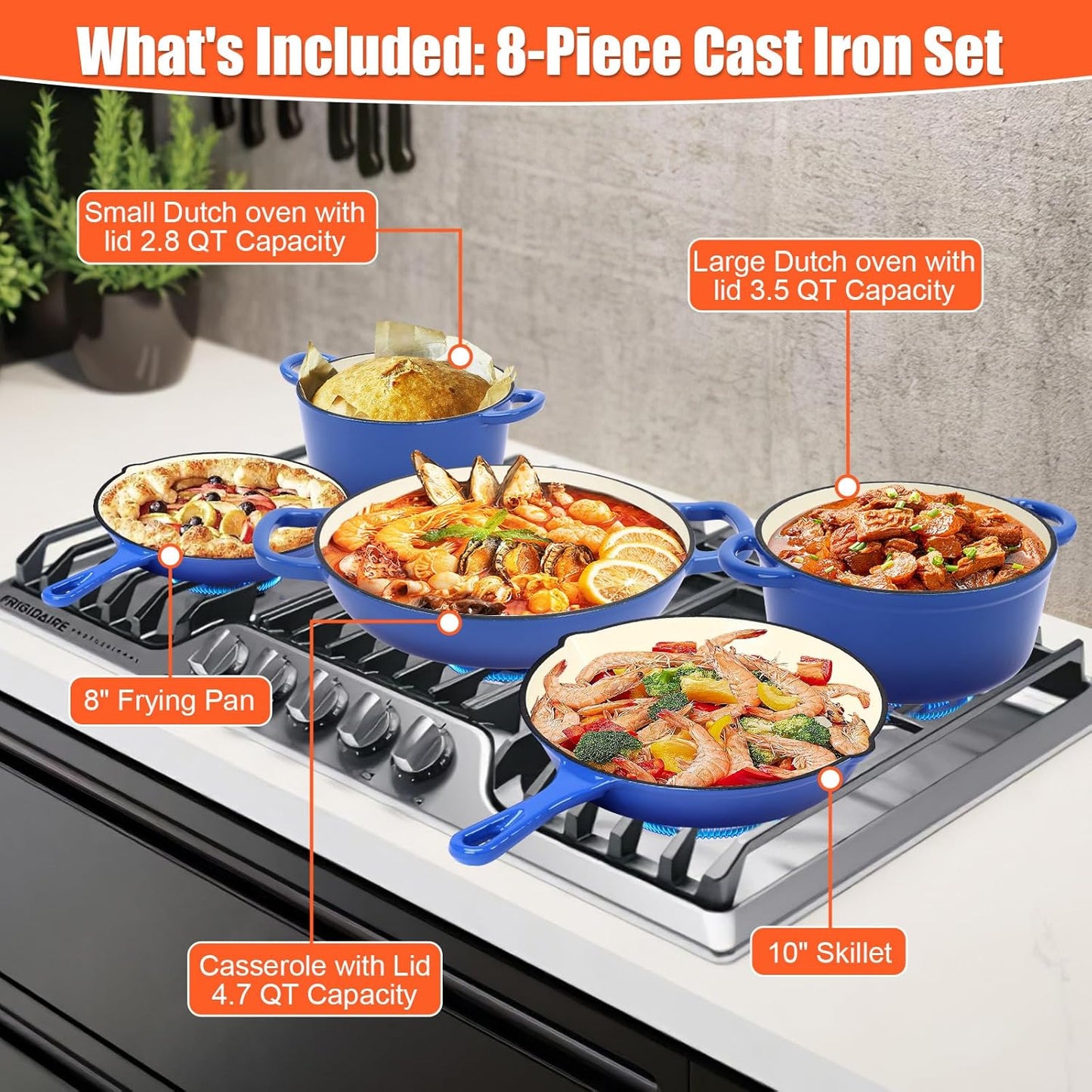 Nonstick Enameled Cast Iron Cookware Set - 8 Piece Pots and Pans with Lid, Frying Pan, Skillet, Dutch Oven Set for All Stovetops, Ideal for Sourdough Bread Baking, Comes with Organizer, Cobalt Blue