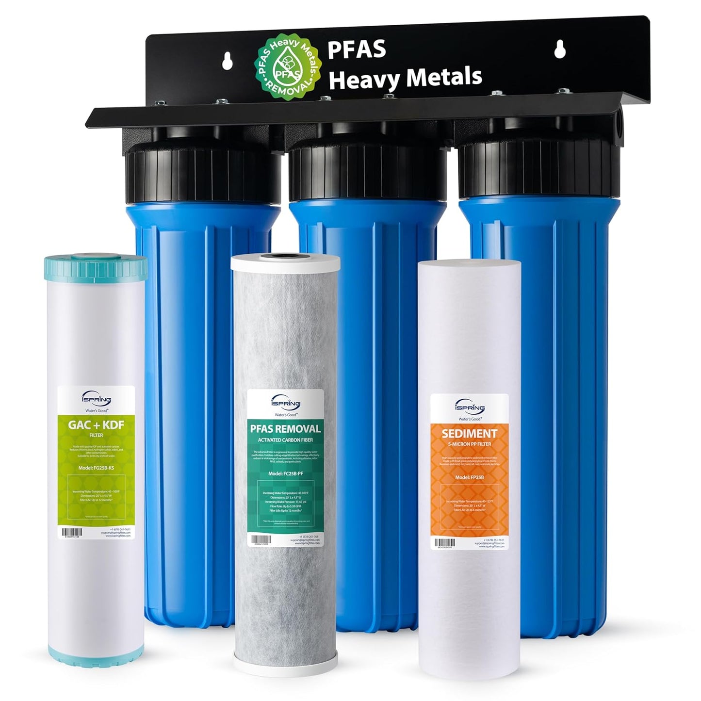 iSpring PFAS & Heavy Metals Whole House Water Filter System, SGS-Tested to Reduce Up to 99% PFOA & PFOS 3-Stage Filtration Removes Sediment, Lead, 20” x 4.5” Filters 1” Inlet/Outlet Model: WGB32B-PFKS