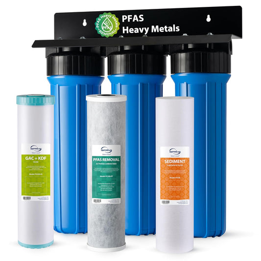 iSpring PFAS & Heavy Metals Whole House Water Filter System, SGS-Tested to Reduce Up to 99% PFOA & PFOS 3-Stage Filtration Removes Sediment, Lead, 20” x 4.5” Filters 1” Inlet/Outlet Model: WGB32B-PFKS