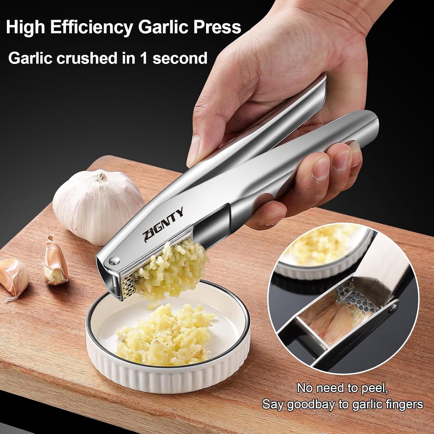 Garlic Press Stainless Steel，Premium Garlic Mincer Tool，No Need to Peel Garlic Ginger Crusher & Masher Easy Squeeze Large Trough Ergonomic Handle，Rust Proof，Dishwasher Safe (5 Years Warranty)