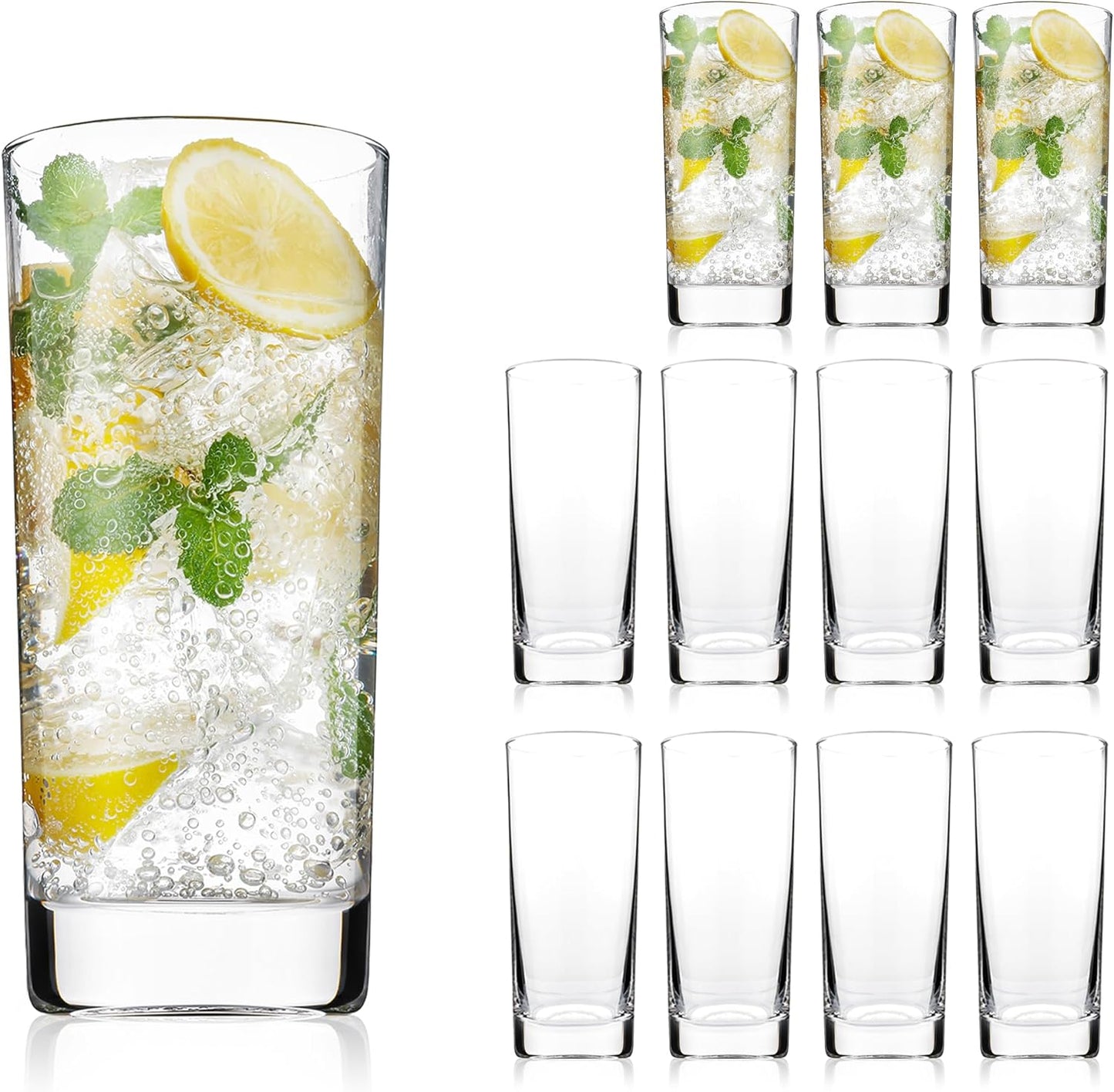 Highball Glasses Set of 12, 13oz Tall Drinking Glasses, Water Glass for Kitchen, Tom Collins Glasses, Mojito Glass Cups, Cocktail Glasses for Bar Glassware
