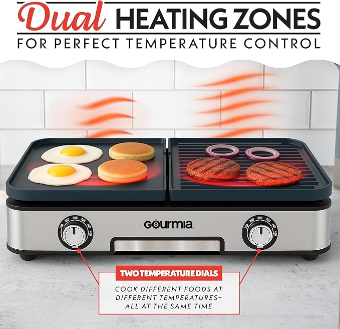 Gourmia 3-in-1 Indoor Grill & Griddle Electric Combo – Dual Independent Cooking Zones, Reversible Nonstick Ceramic Plates, XL Cooking Surface, 250–400°F Adjustable Temp, Dishwasher Safe