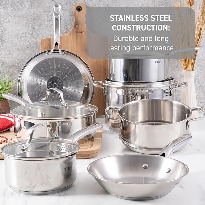 T-fal Stainless Steel Cookware Set, 11 Piece, Induction Cookware, Oven Safe to 500°F, Kitchen Cooking Set w/Fry Pans, Pots and Pans, Dutch Oven, Saucepans, Kitchen Essentials, Silver
