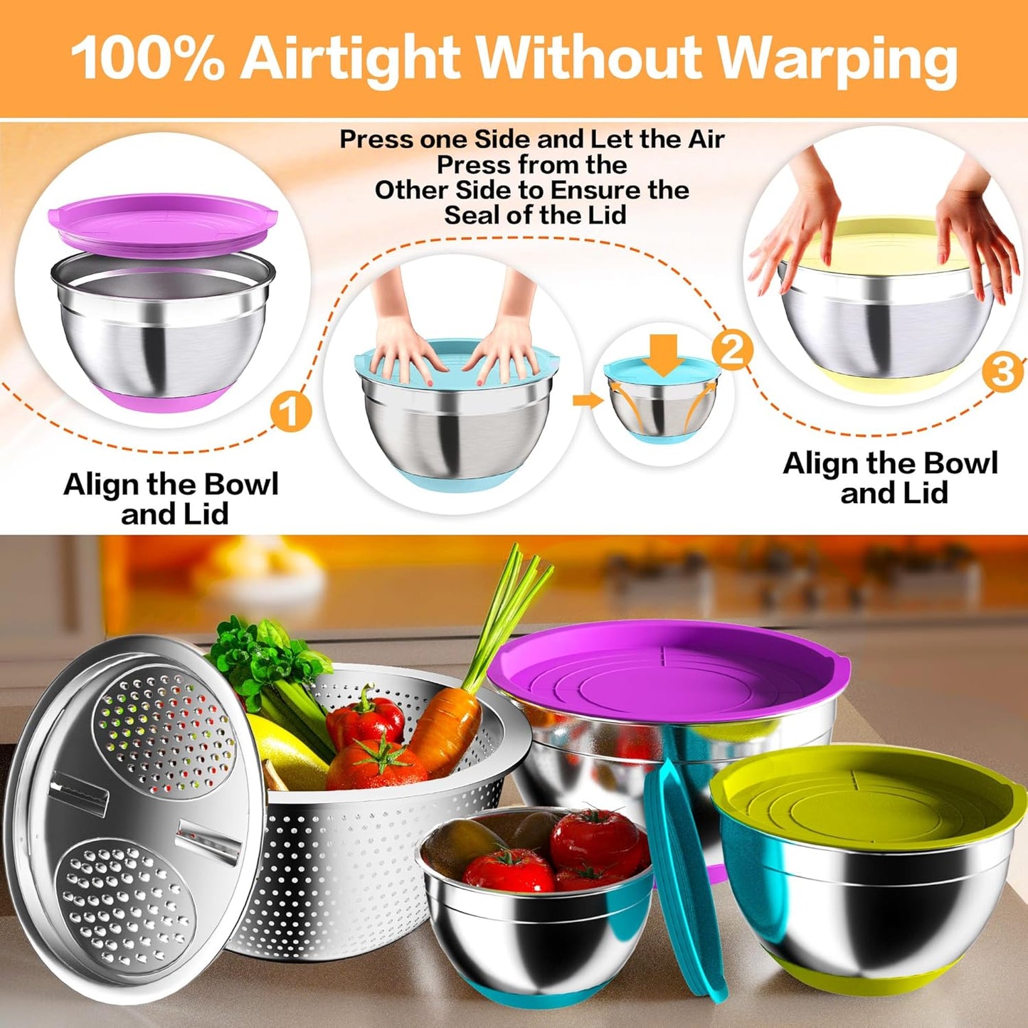 Mixing Bowls with Airtight Lids, Stainless Steel Mixing Bowl Set with 3 Metal Nesting Bowls, Colander & Grater, Non-Slip Bottoms, Size 1.5, 2.5, 5 QT, Great for Mixing & Serving, Mutilcolor