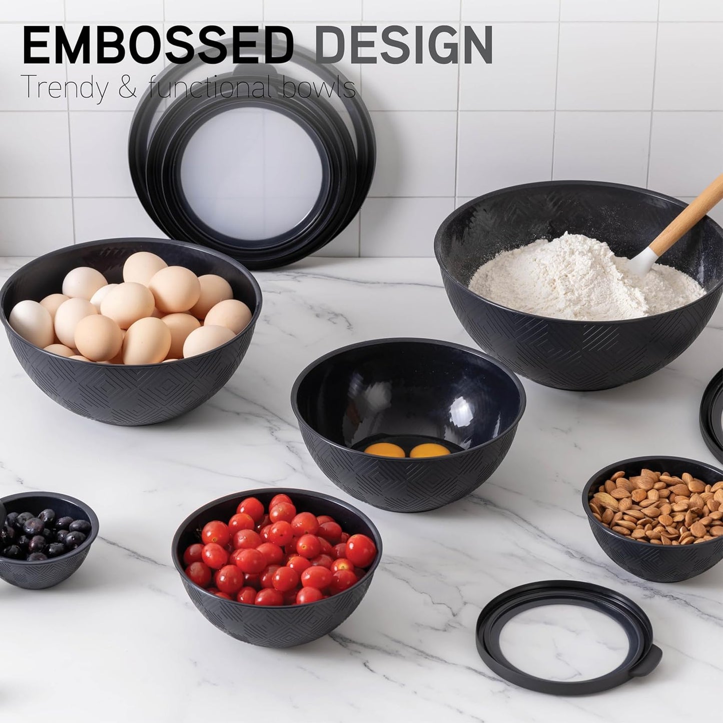 COOK WITH COLOR Mixing Bowls with Lids - 12 Piece Plastic Nesting Bowls Set includes 6 Prep Bowls and 6 Lids, Rhombus Design - Microwave Safe (Black)