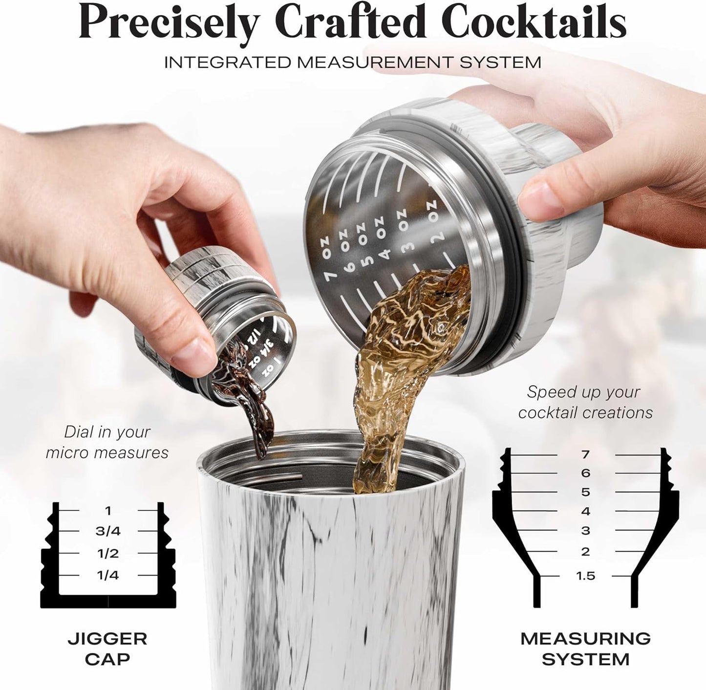 Insulated Cocktail Shaker Set | Double Wall Stainless Steel | Martini Shaker for Home Bar Bartending | Built-in Drink Measurement System & Strainer, Travel Bag, 35 Recipes | Gift Set (Marble)
