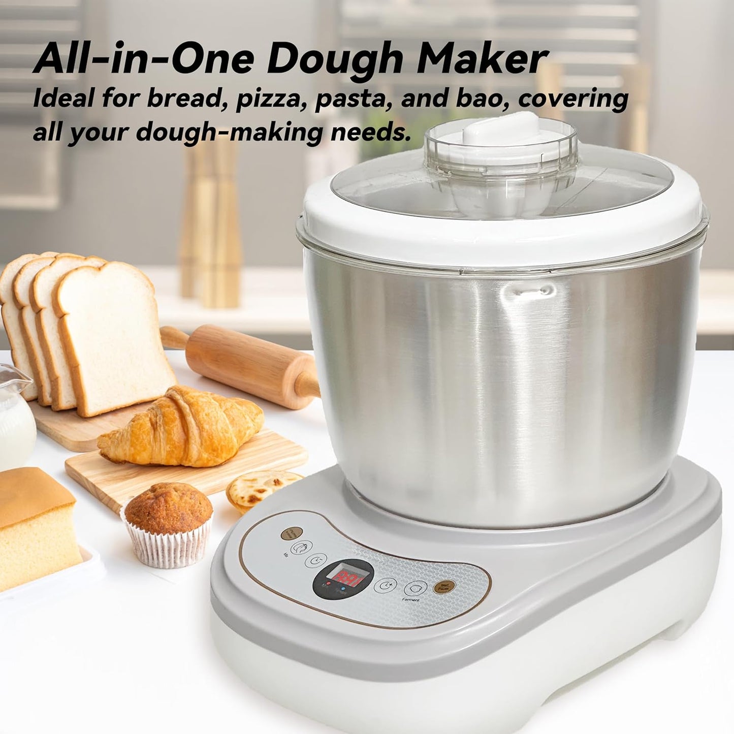 Dough Maker with Ferment Function 7.4Qt Large Capacity Dough Mixer,Commercial&Household Bread Mixer for Pizza, Noodles, Bread,Sourdough Kneading Machine with Stainless Steel Bowl, Face-up Touch Panel