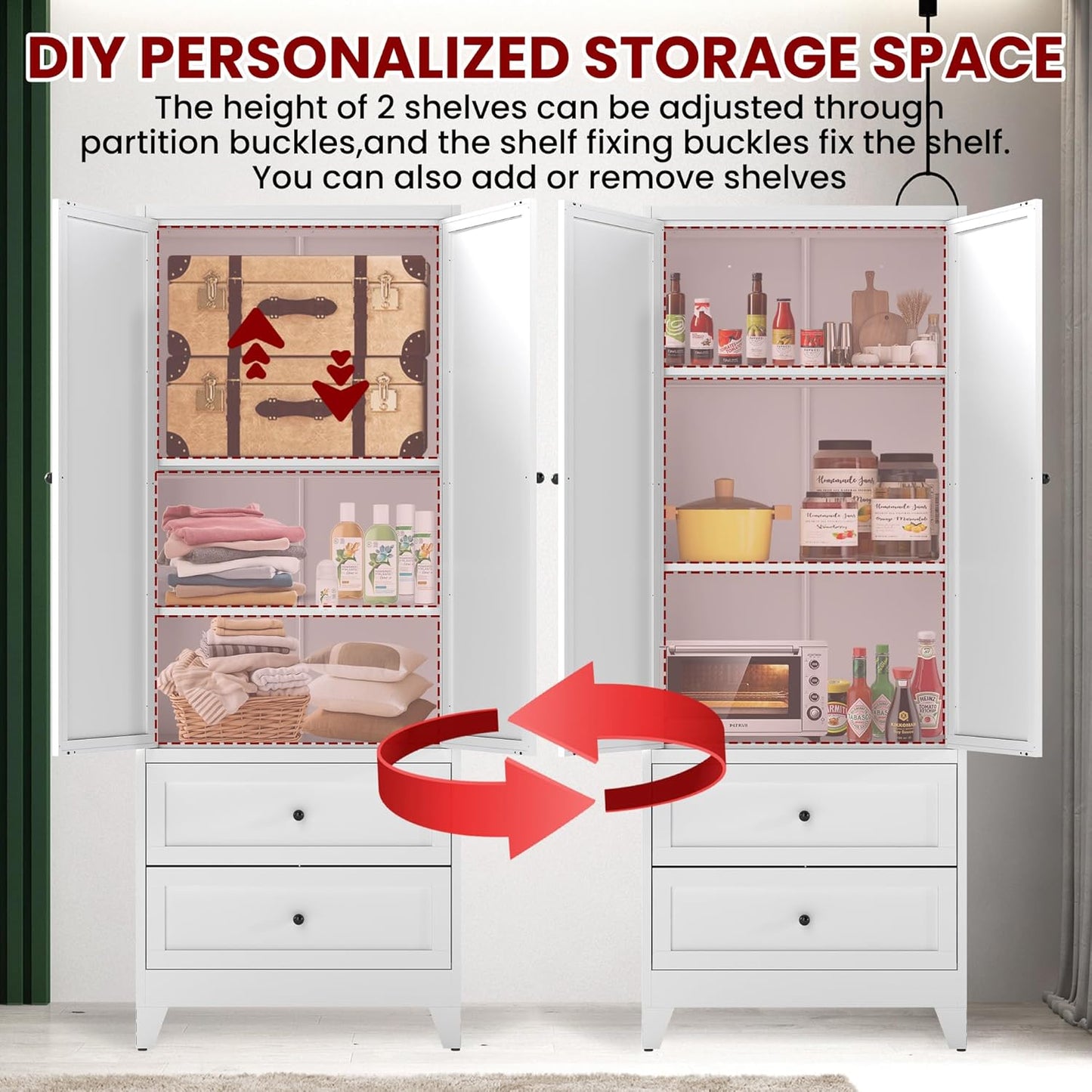 AQY Kitchen Pantry Cabinet,72" White Pantry Storage Cabinet with 2 Drawers,2 Adjustable Shelves and 2 Doors,Freestanding Cupboard,Metal Pantry Cabinets for Living Room Kitchen Assembly Required