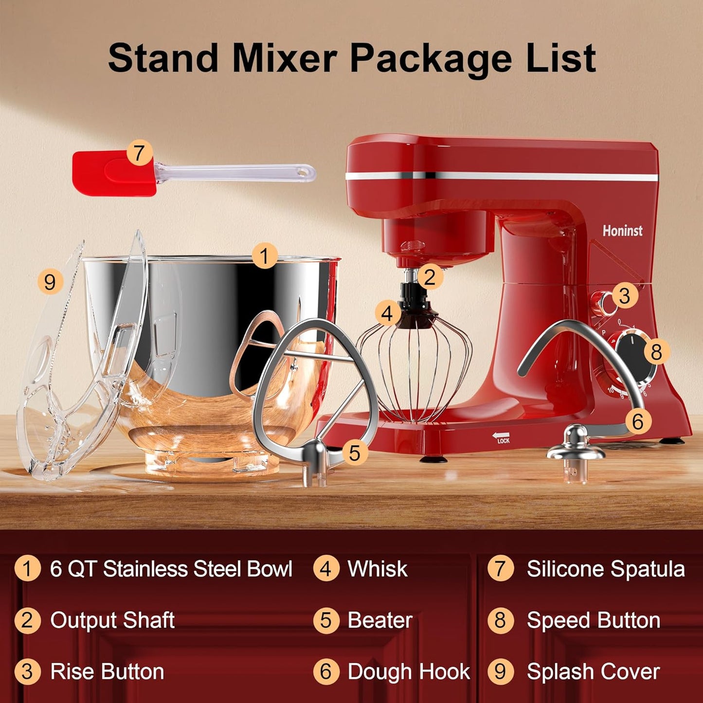 Stand Mixer, 10-Speed Kitchen Electric Mixer, 6QT Food Mixer with 8-in-1 Splash Guard, Dishwasher-Safe Dough Hook/Whisk/Beater/Spatula, Dough Mixers for Baking, Red