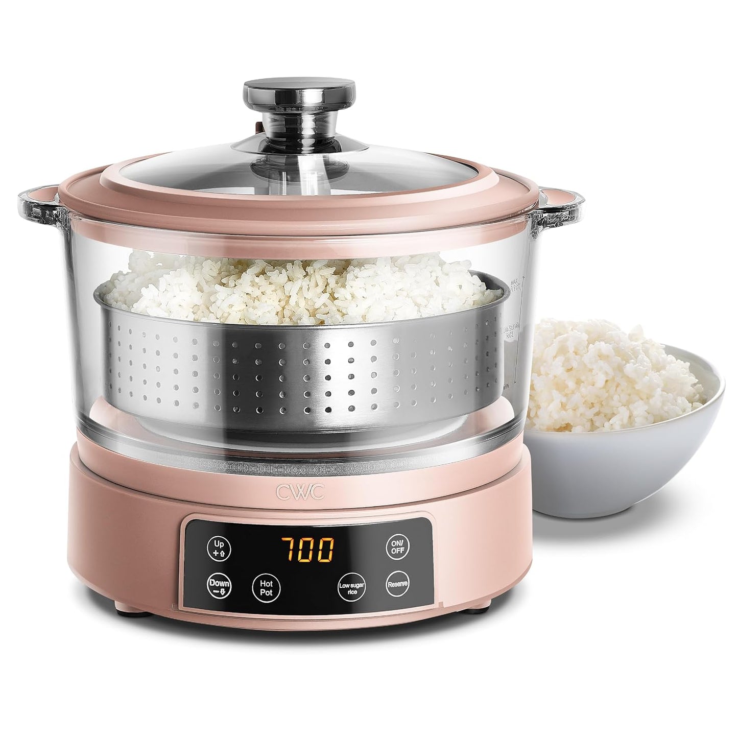 COOK WITH COLOR 3L Glass Low Carb Rice Cooker - Makes 6 Cups Cooked Low Sugar Rice with Auto Lift Filter Basket, Hotpot & Steamer for Rice, Grains and Oats, Digital Panel with Keep Warm, Blush