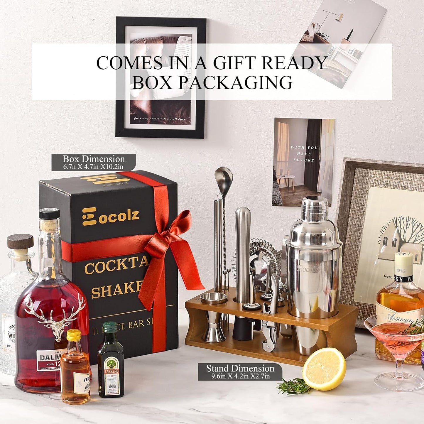 Bartender Kit Cocktail Shaker Set with Stand Bar Tool Bar Set for Drink Mixing Home Bartending Kit 17-Piece Bar Cart Accessories: Martini Shaker, Mixer Spoon, Jigger, Muddler, Strainer & Recipes Gifts