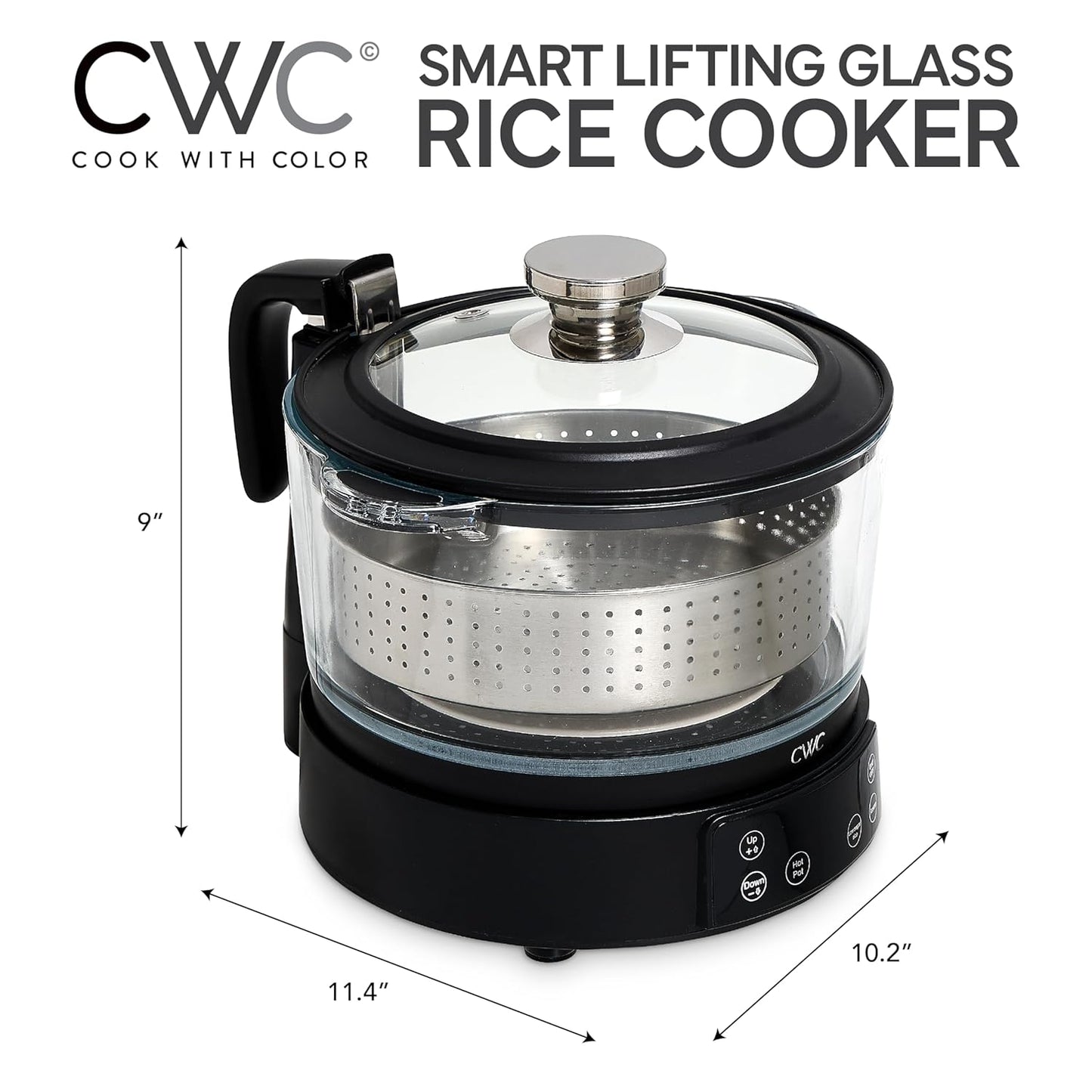 COOK WITH COLOR 3L Glass Low Carb Rice Cooker - Makes 6 Cups Cooked Low Sugar Rice with Auto Lift Filter Basket, Hotpot & Steamer for Rice, Grains and Oats, Digital Panel with Keep Warm, Black