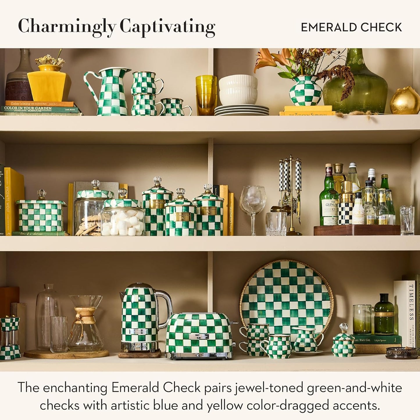 MACKENZIE-CHILDS 2-Slice Toaster, Decorative Toaster for Kitchen, Green-and-White Emerald Check