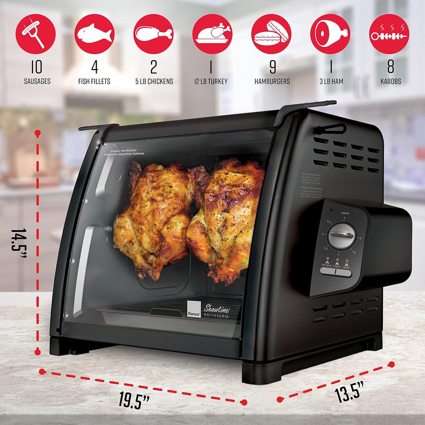 Ronco Showtime Large Capacity Rotisserie & BBQ Oven Modern Edition, Simple Switch Controls, Silicone Door Tie, Auto Shutoff, Includes Multipurpose Basket