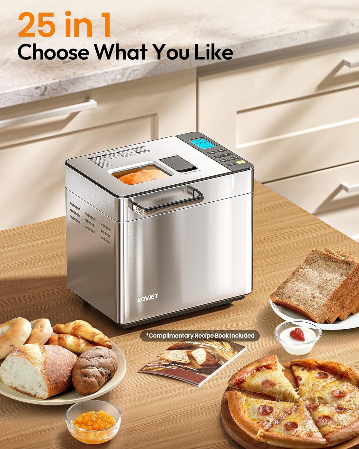 25-in-1 Bread Maker Machine with Automatic Dual Dispenser, 2LB Stainless Steel Breadmaker with Gluten-Free, Dough, Jam, Yogurt etc Settings, Silver