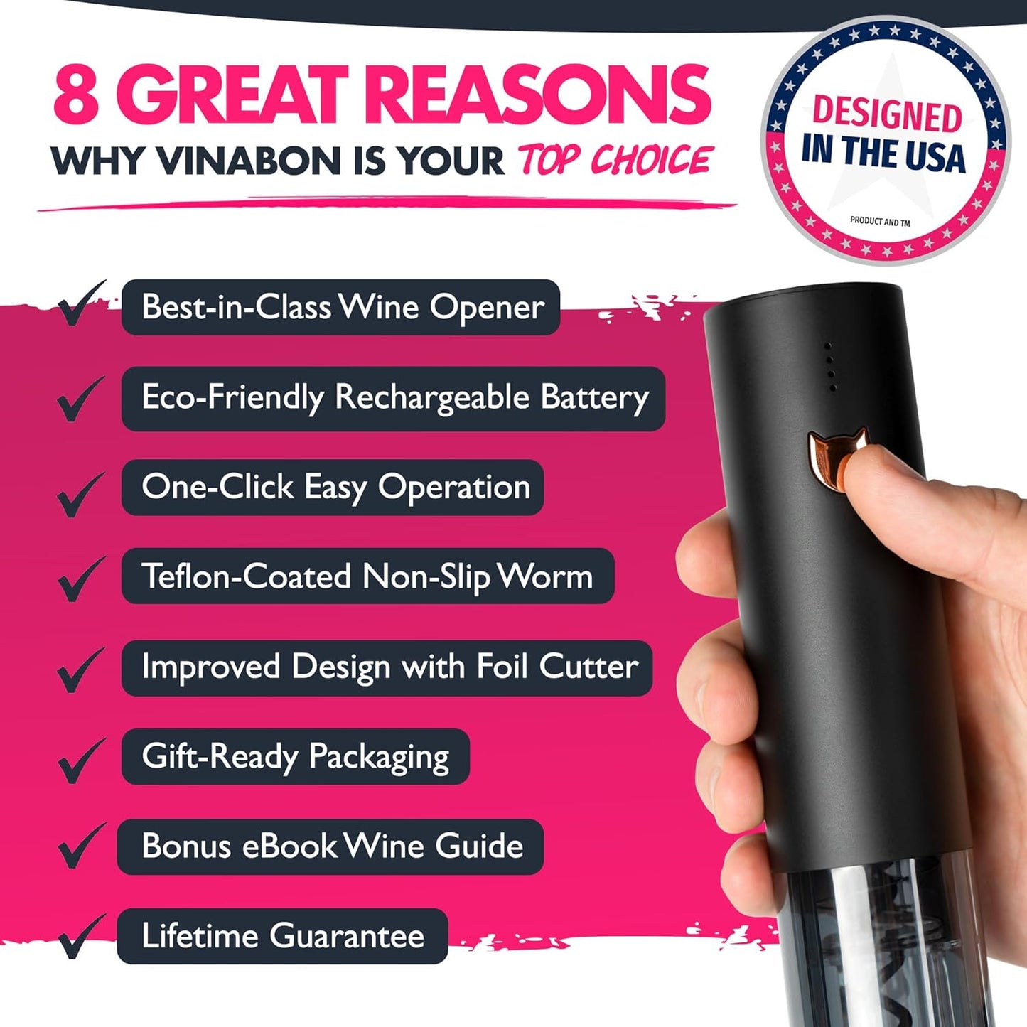 VINABON Electric Wine Opener 2026 - One-Touch Automatic Wine Bottle Opener Corkscrew - Rechargeable (Up to 100 Bottles/Charge) with Foil Cutter Stand, LED Indicator. Includes Wine Guide eBook
