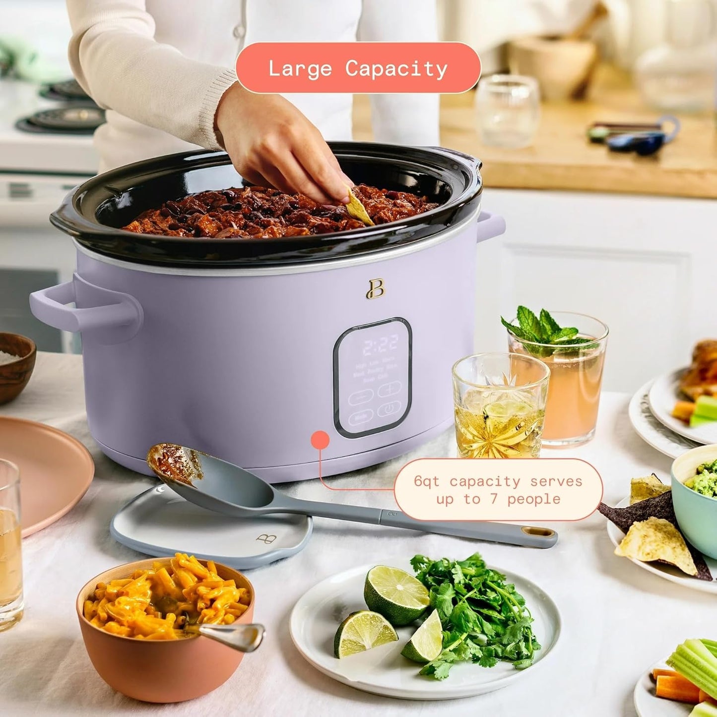 Beautiful 6 Qt Programmable Slow Cooker by Drew Barrymore - 5 Preset Cooking Functions, Digital Countdown Timer, Dishwasher-Safe Parts, and Cool-Touch Handles (Lavender.)