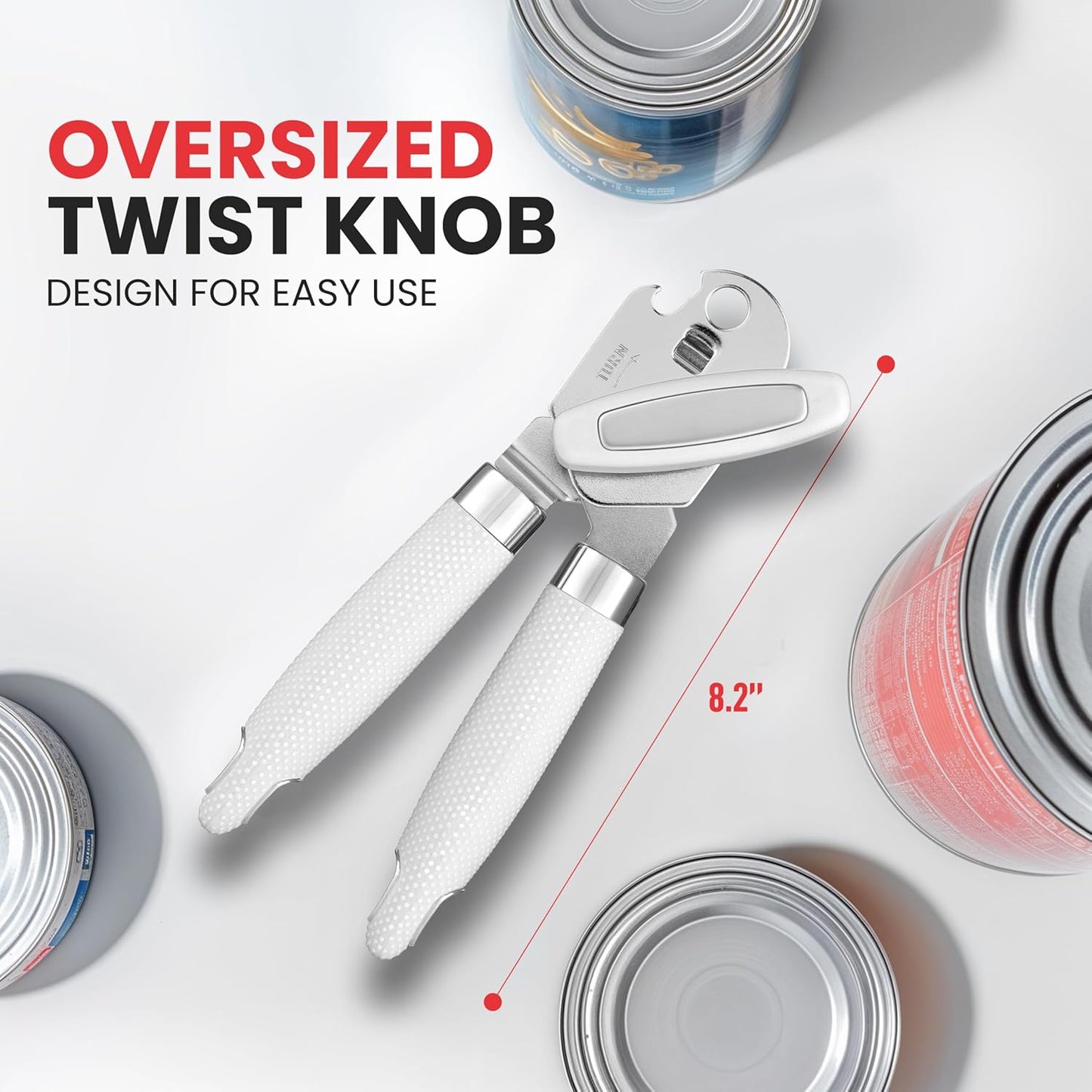 Zulay Kitchen Heavy Duty Stainless Steel Can Opener Manual with Large Bottle Opener - Manual Can Opener with Turn Knob with Soft Grip Handles - White