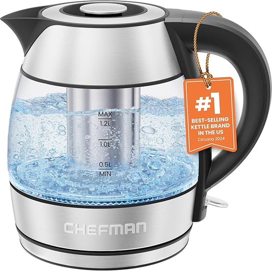 CHEFMAN Electric Kettle - 1.2L 1500W Hot Water Tea Pot with Infuser, BPA Free, Auto Shut Off, Boil-Dry Protection, Removable Lid, LED Light, Cordless Glass Electric Tea Kettle – Stainless Steel