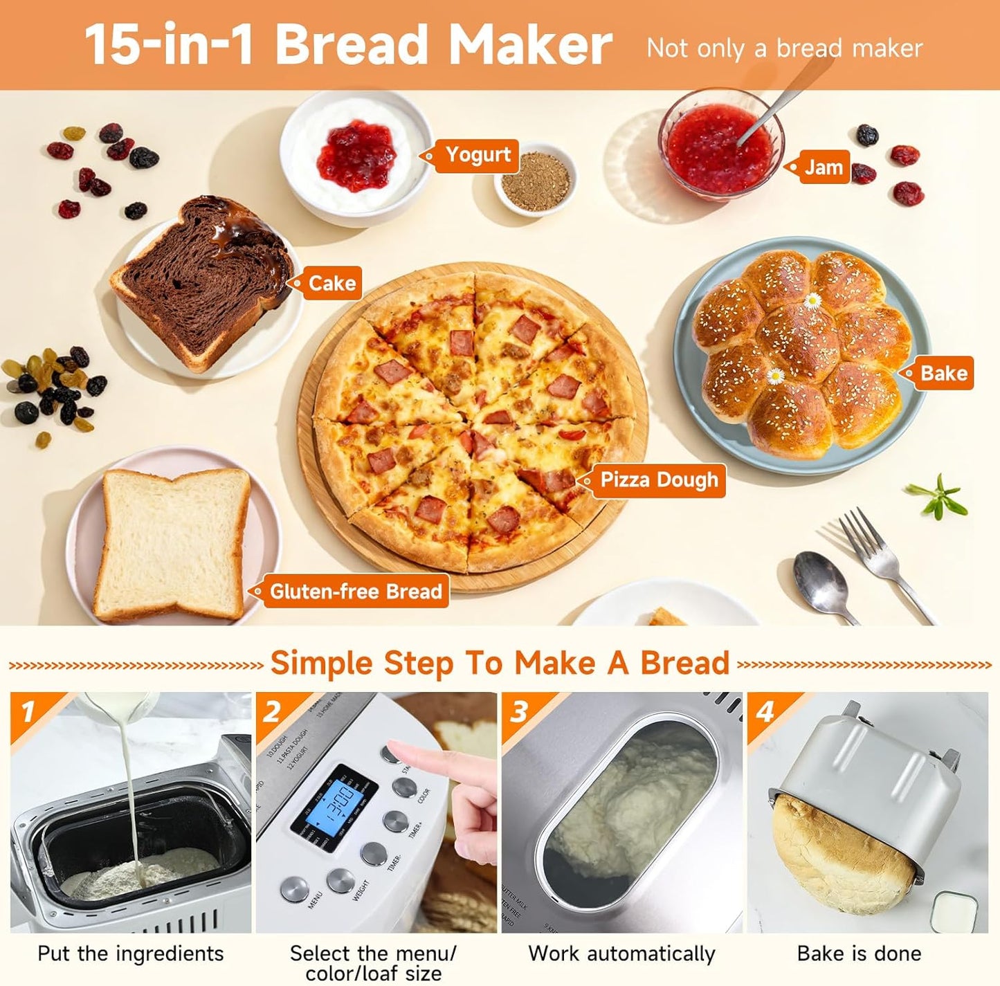 Davivy Bread Maker 1.5kg Dough Maker, 15-in-1 Automatic Bread Maker with Nonstick Bowls, Jam and Yogurt, 3 Bread Sizes and 3 Shell Settings, 15-H Delay Timer (850W, Silver, 1.5 kg)