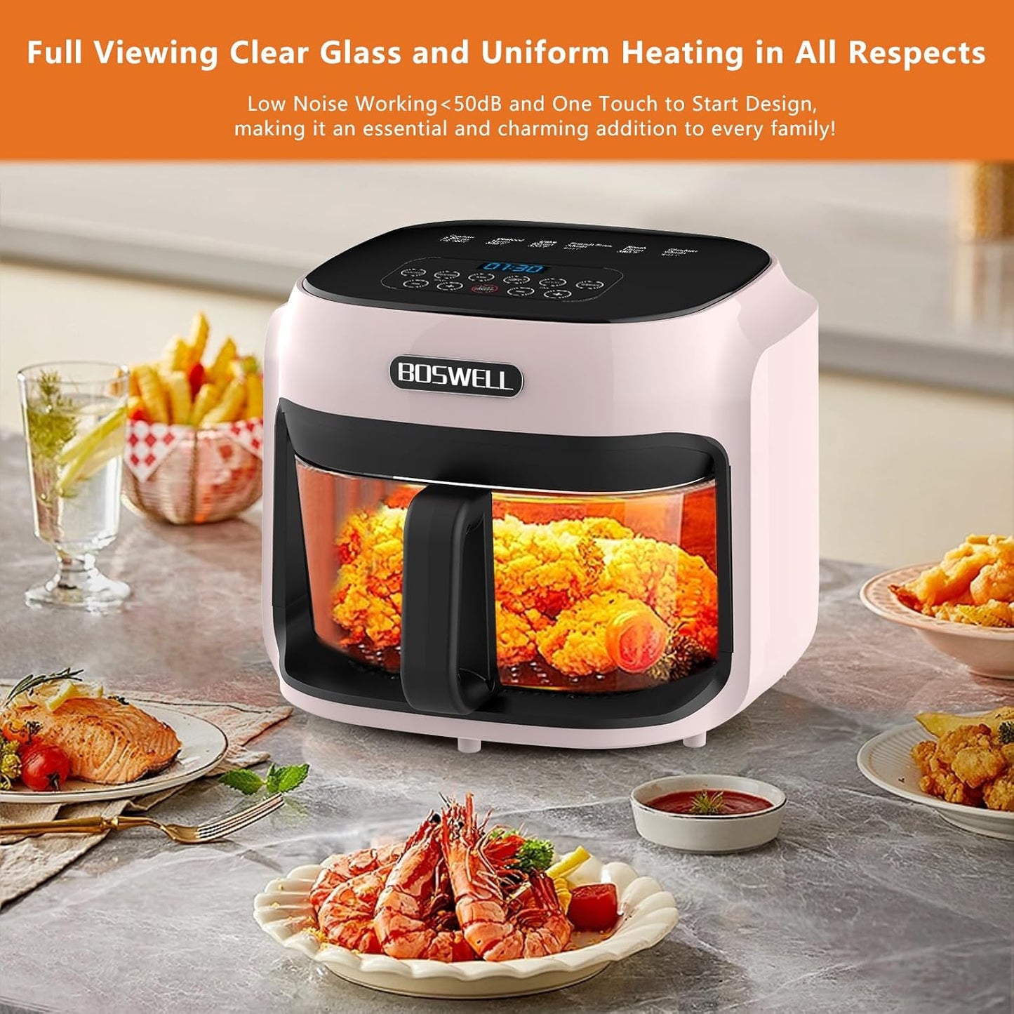 BOSWELL Glass Air Fryer, 7.5 QT with Transparent Fry Bowl, Circulating Heating, Temperature Control, Stainless Steel Air Fryer Roast, Dishwasher Safe (Pink)