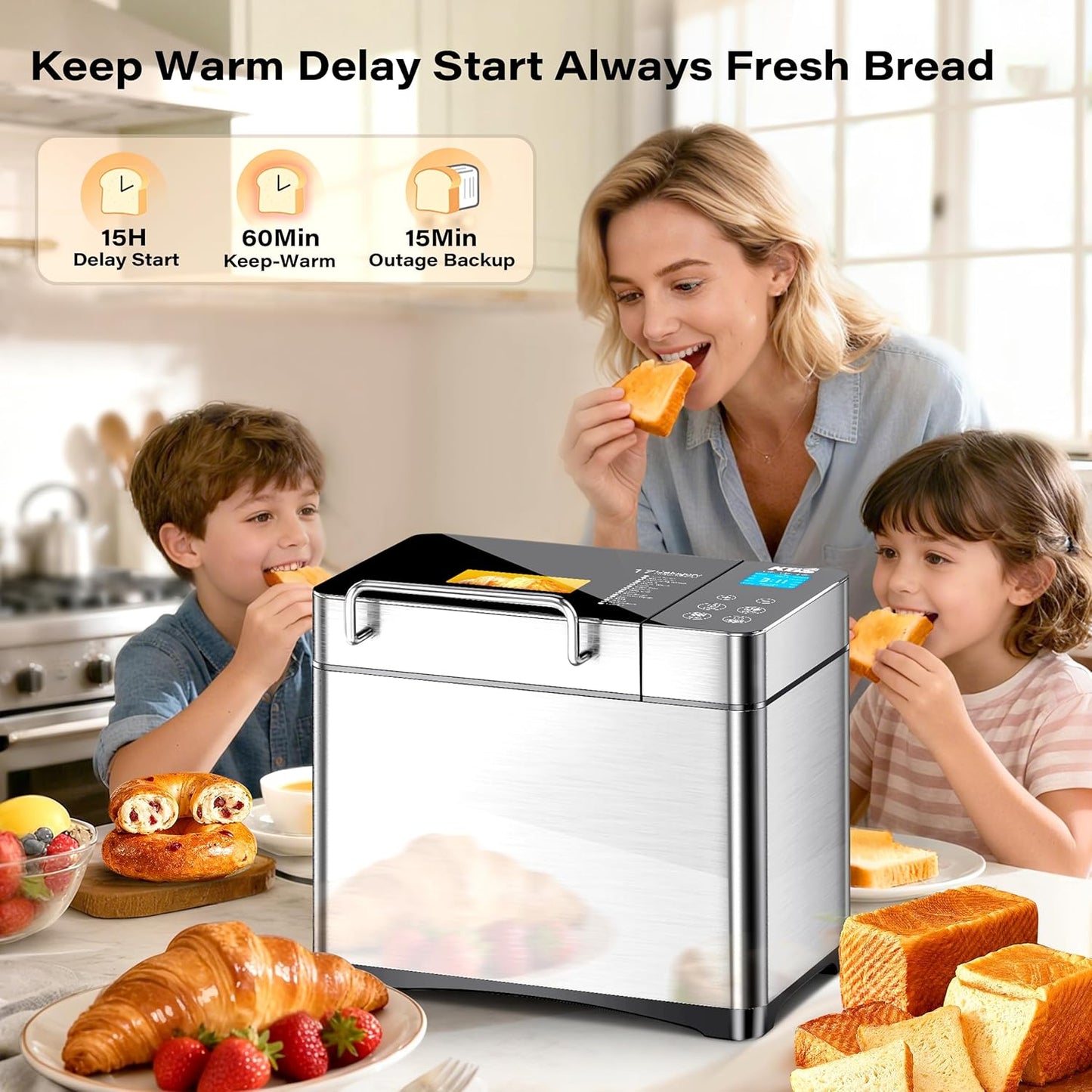 KBS Pro 710W Bread Maker, 2LB 17-in-1 Automatic Bread Machine with Healthy Ceramic Pan, Nut Dispenser, Tempered Glass Touch Panel, Stainless Steel Housing,3 Crust Colors, 15H Timer&Keep-Warm, Recipe