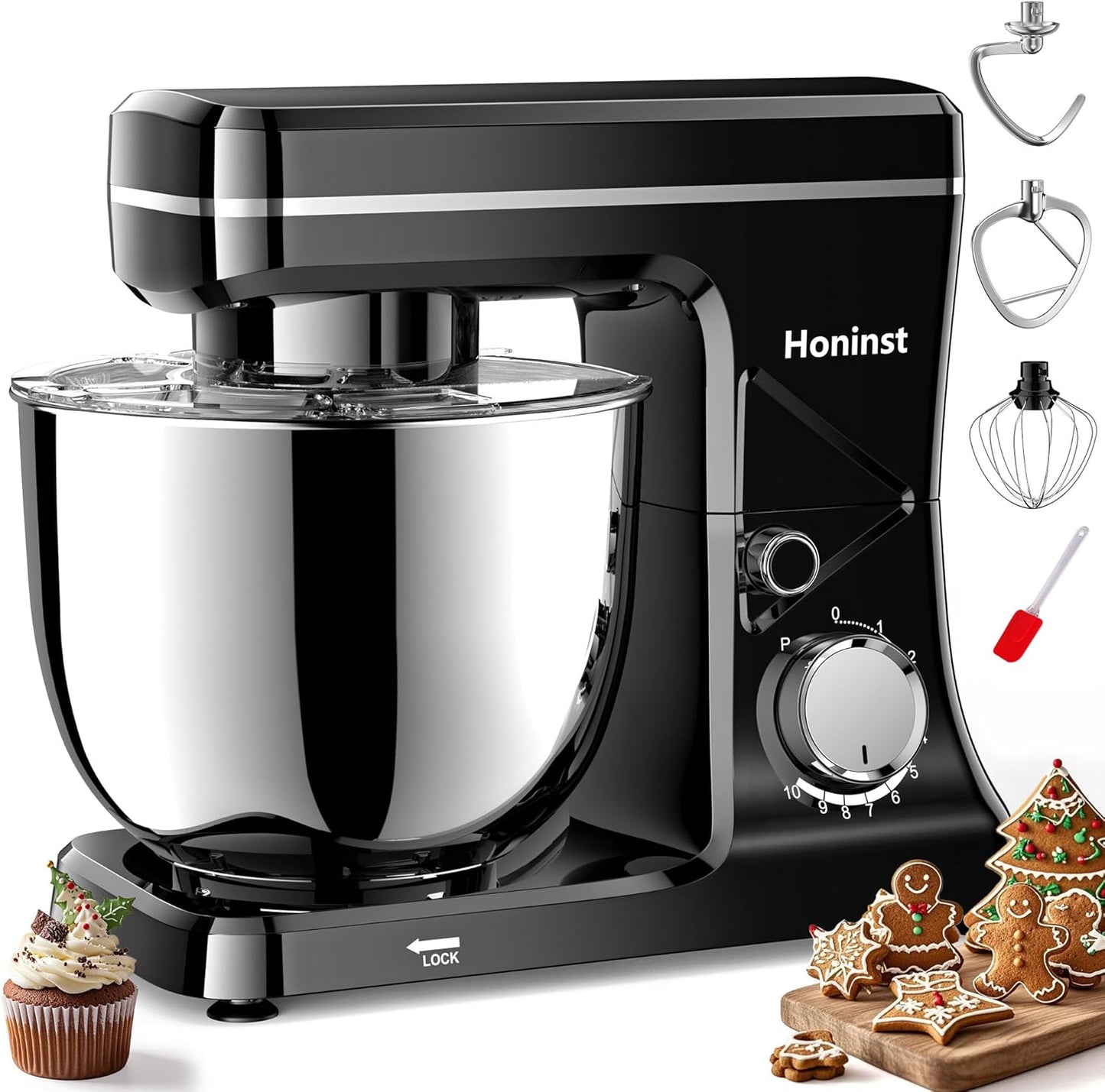 Stand Mixer, 10-Speed Kitchen Electric Mixer, 6QT Food Mixer with 8-in-1 Splash Guard, Dishwasher-Safe Dough Hook/Whisk/Beater/Spatula, Dough Mixers for Baking, Black