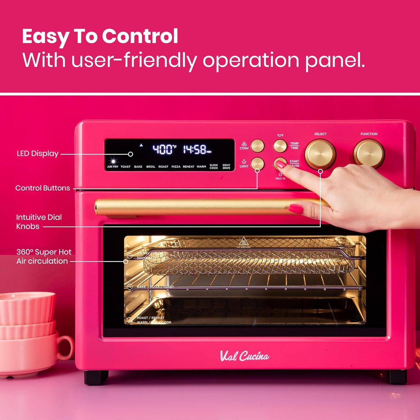 VAL CUCINA Limited Edition Happy Pink Infrared Heating Air Fryer Toaster Oven, Extra Large Countertop Convection Oven 10-in-1 Combo, 6-Slice Toast, Enamel Baking Pan Easy Clean with Recipe Book
