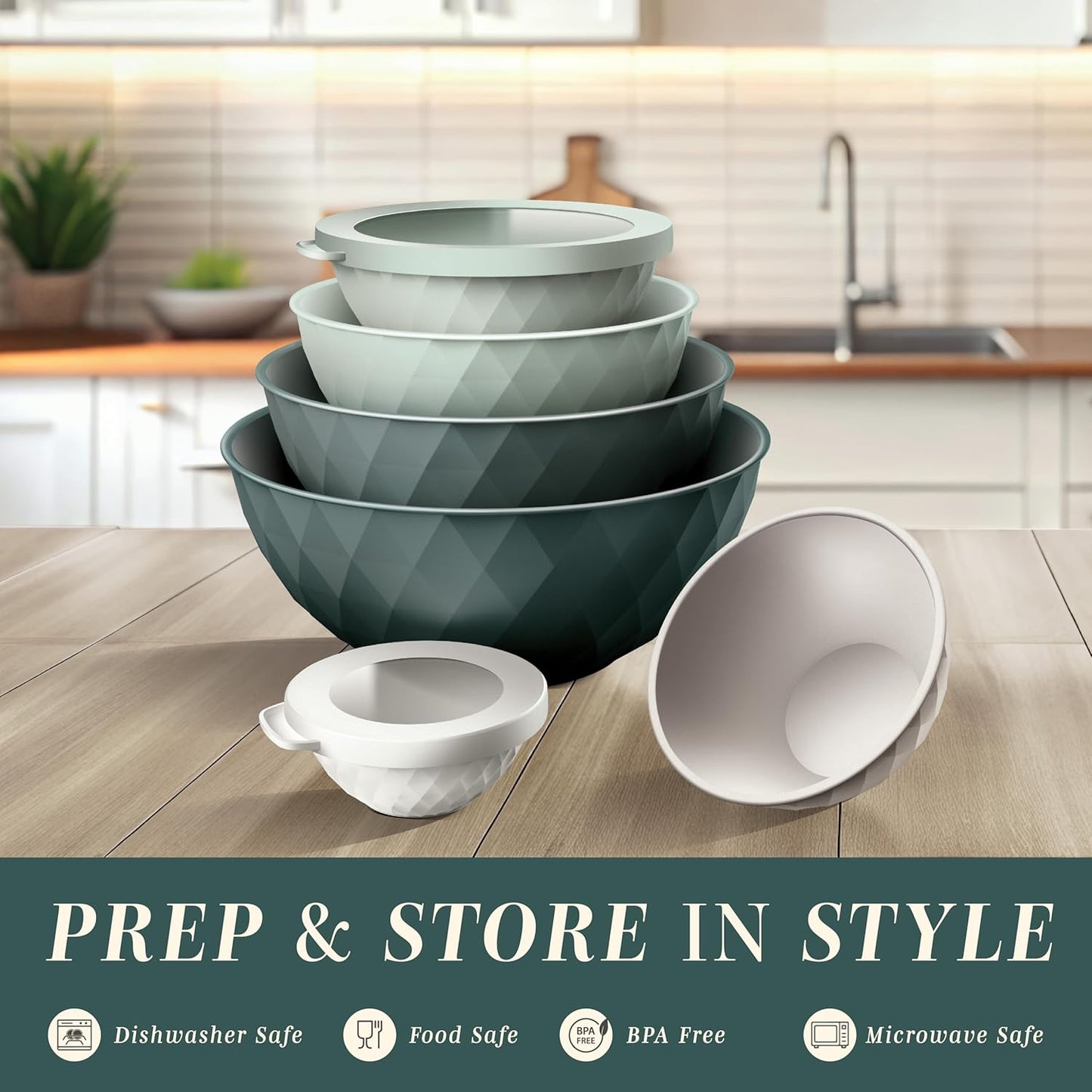 COOK WITH COLOR Mixing Bowls with Lids - 12 Piece Plastic Nesting Bowls Set includes 6 Prep Bowls and 6 Lids, Diamond Design - Microwave Safe, Green