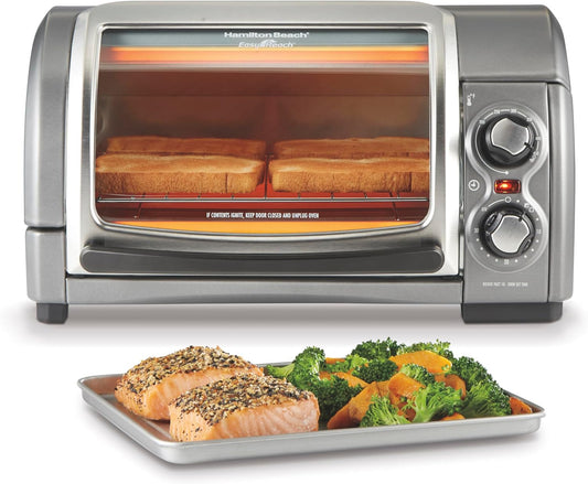 Hamilton Beach Easy Reach 4-Slice Countertop Toaster Oven With Roll-Top Door, 1200 Watts, Fits 9” Pizza, 3 Cooking Functions for Bake, Broil and Toast, Silver (31344DA)
