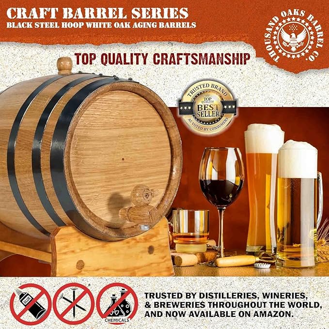 1 Liter Oak Aging Barrel with Wood Stand, Bung & Spigot - Mini Whiskey Barrels for The Home Alcohol Distiller, Moonshiner & Winemaker - Age Cocktails, Bourbon, Whisky, Tequila, Rum, Mead Wine (1L)