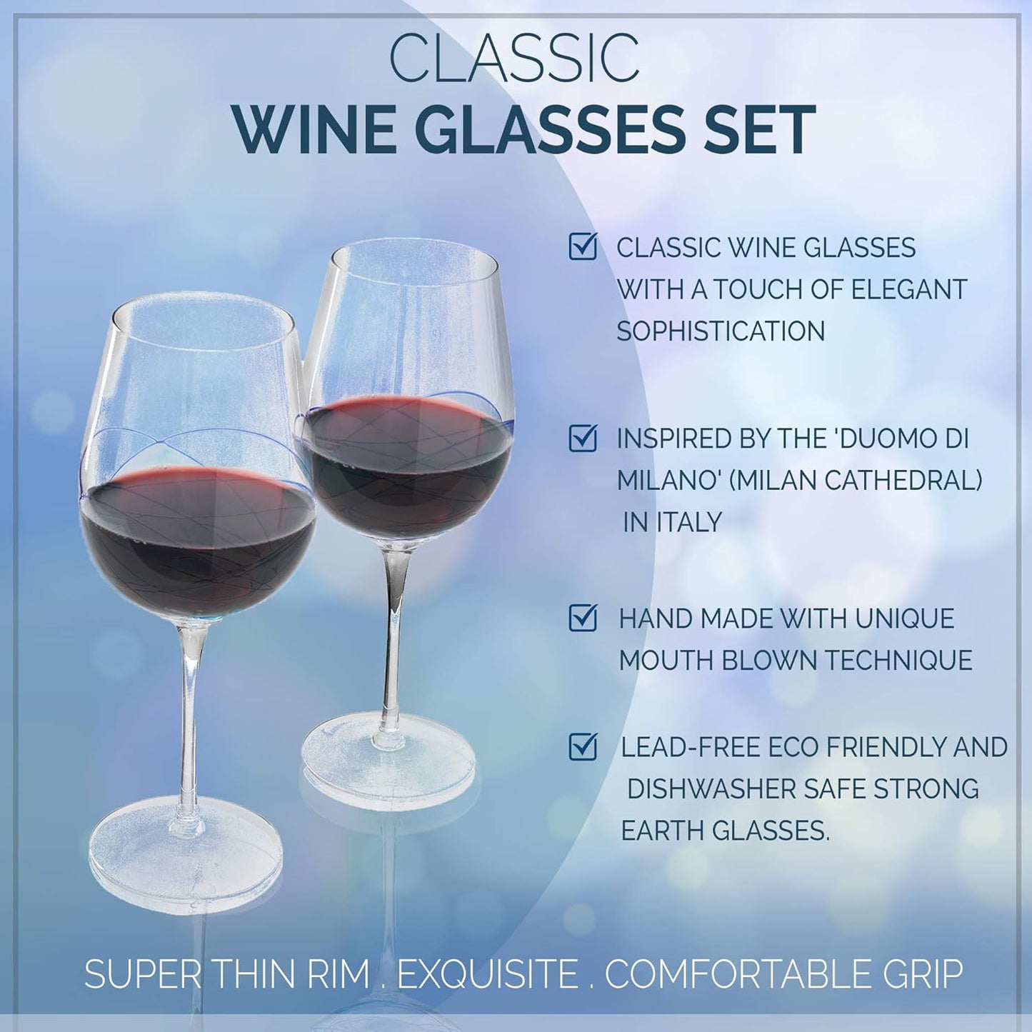 Bezrat Red Wine Glasses Set of 2, Hand Painted Wine Glass, Drinkware Essentials, 11" H, 28oz Wine Lover Large Glass, Glassware Gifts Ideas for Women Inspired by 'Duomo di Milano' Mothers Day (Blue)
