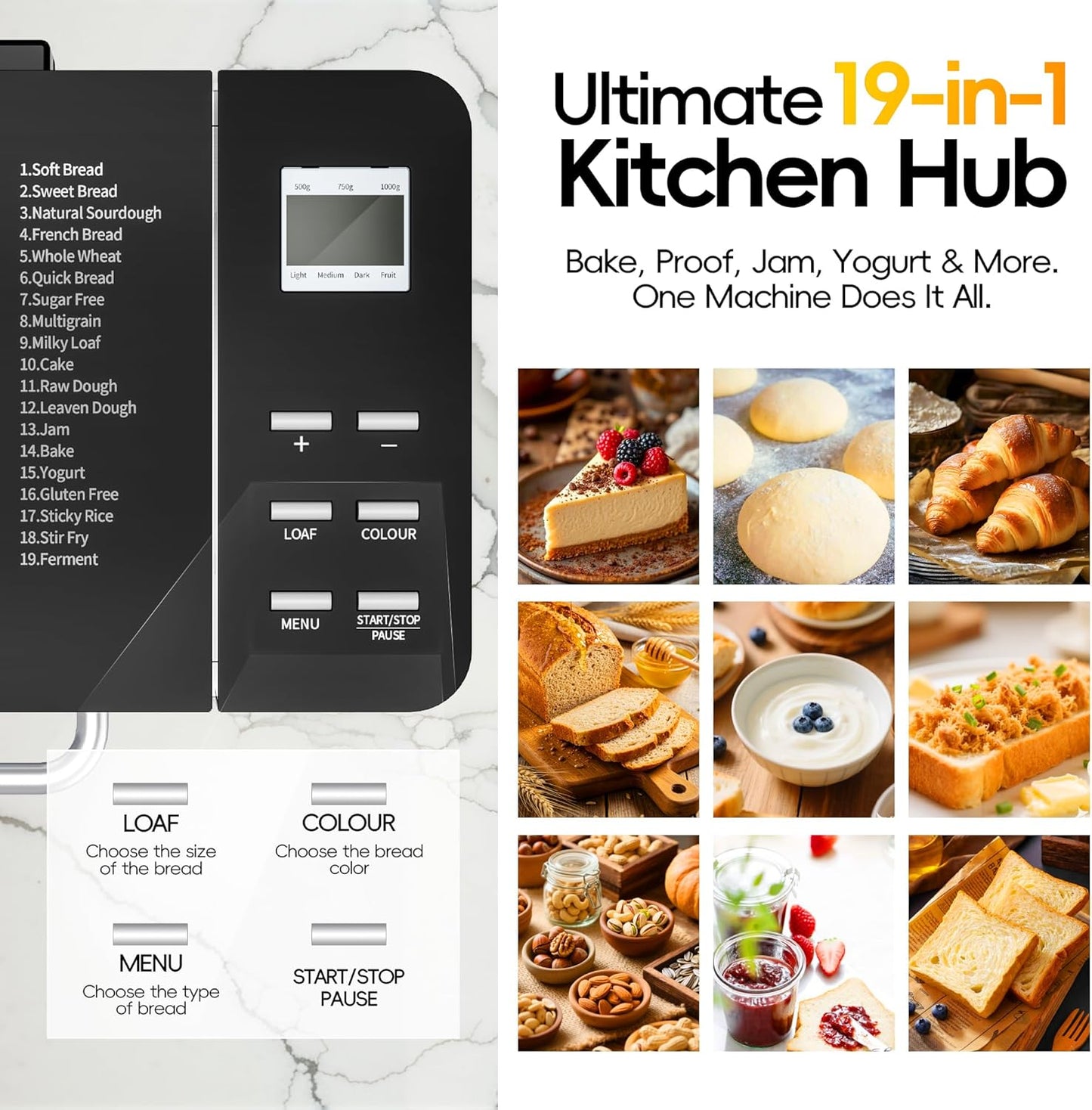 Manastin 2LB & 1.5LB Bread Maker Machine, 19-in-1 Automatic with 3 Crust Colors, 3-Step Beginner-Friendly Operation, Keep Warm, Programmable Delay Timer for Homemade Bread, Silver