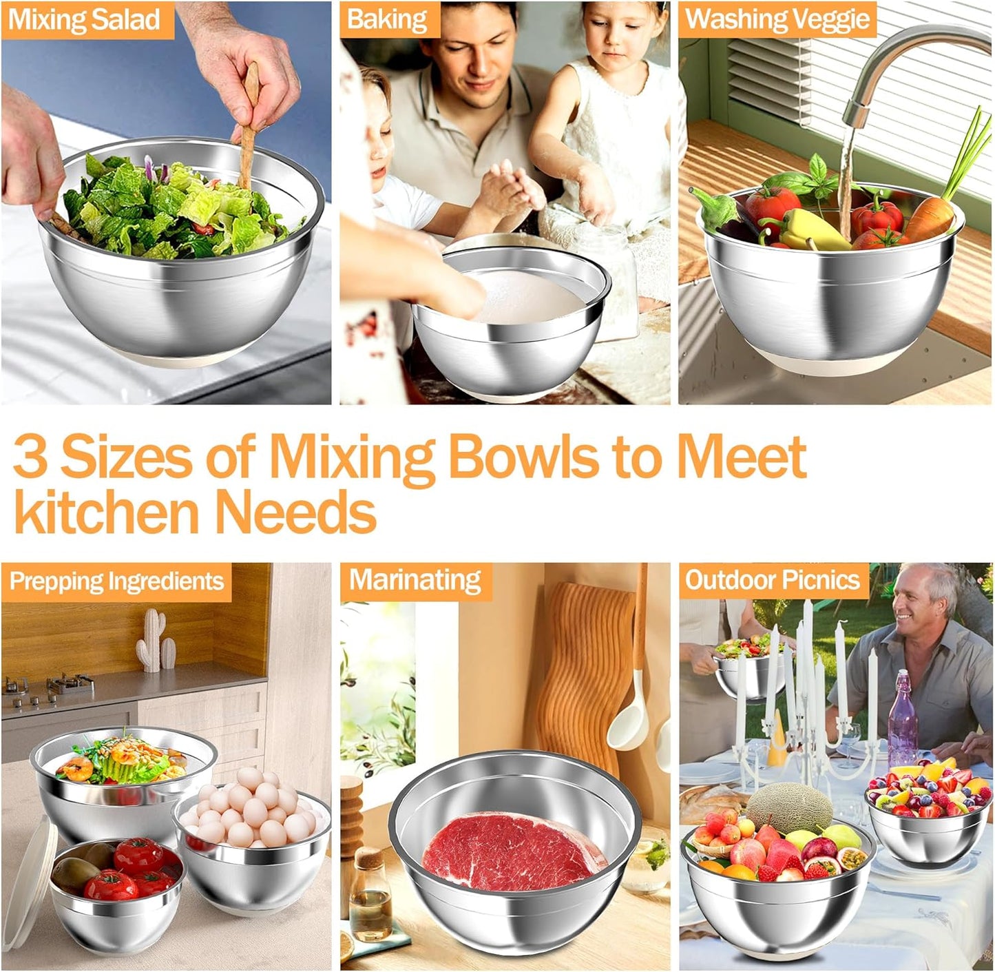 Mixing Bowls with Airtight Lids, Stainless Steel Mixing Bowl Set with 3 Metal Nesting Bowls, Colander & Grater, Non-Slip Bottoms, Size 1.5, 2.5, 5 QT, Great for Mixing & Serving, Khaki