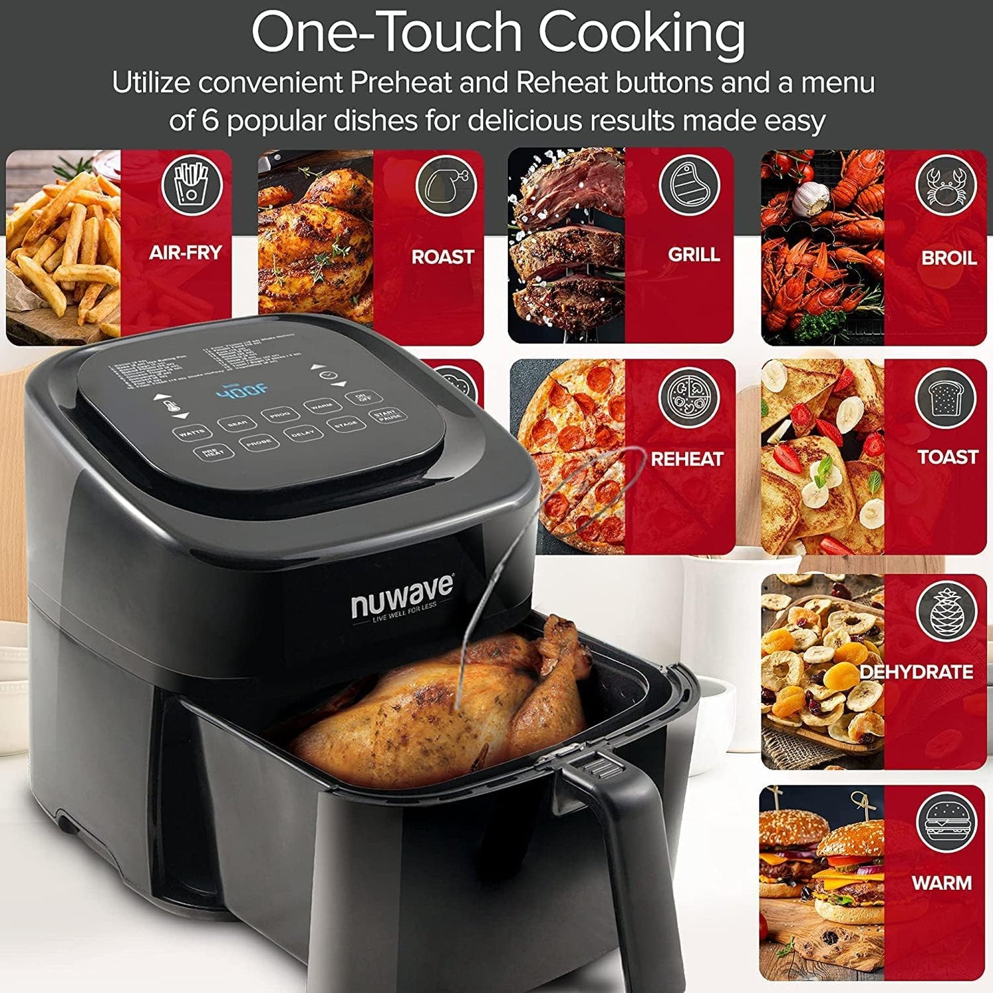 Nuwave Brio 6-Quart Healthy Digital Smart Air Fryer with Probe One-Touch Digital Controls, Advanced Cooking Functions, Removable Divider Insert & Grill Pan (NEW ACCESSORY),Black
