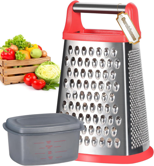 Ourokhome Cheese Grater with Handle, Stainless Steel Box Grater, 4 Side Kitchen Vegetable Shredder Slicer Zester with Container for Parmesan, Cabbage, Ginger, Lemon, Chocolate, Coconut (Red)