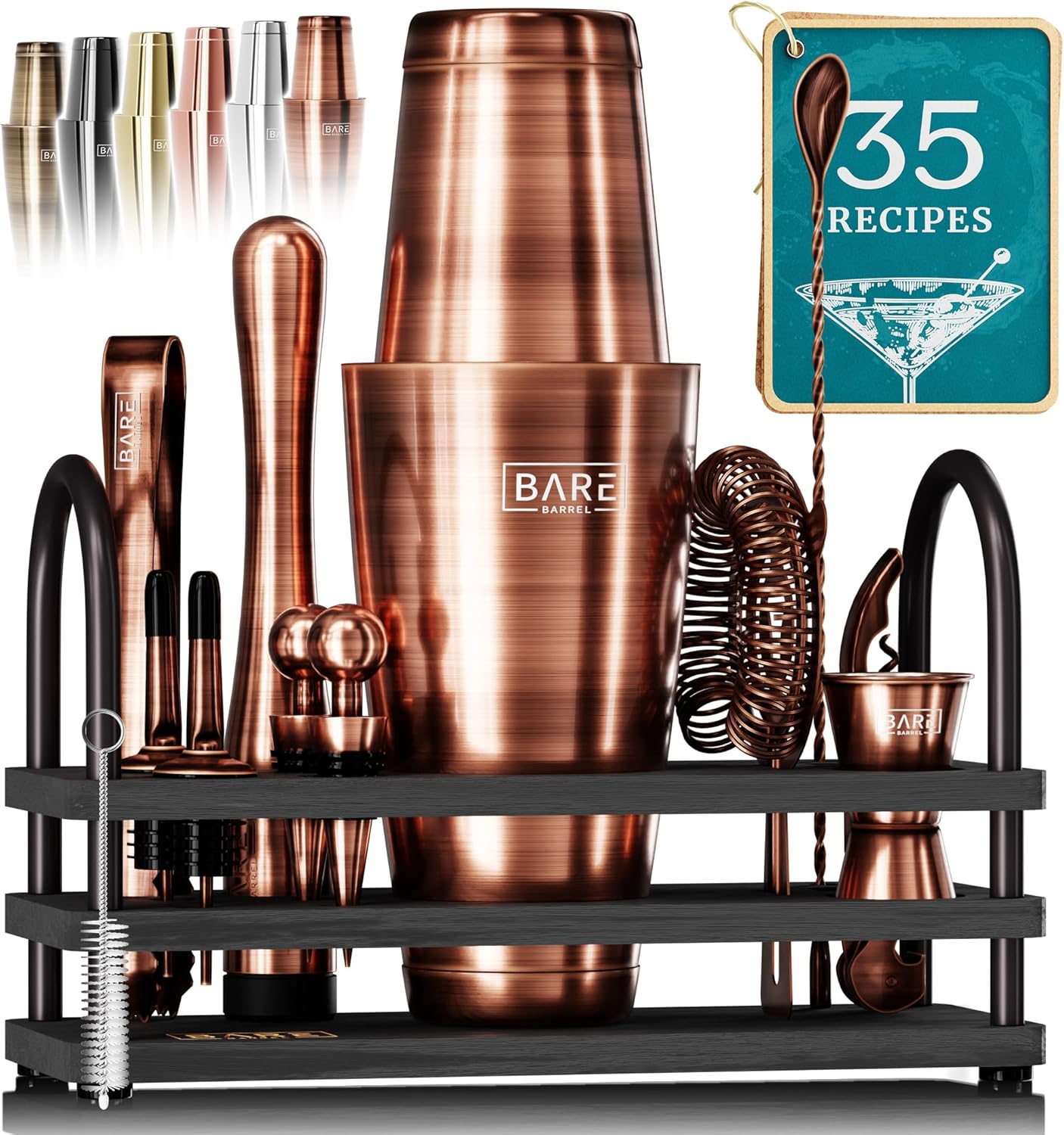 BARE BARREL® Mixology Bartender Kit Bar Set | 14-Piece Cocktail Shaker Set | Martini Barware Mixing Tools for Home Bartending | 35 Recipe Cards | Gift Set (28oz Boston Shaker, Copper/Black)