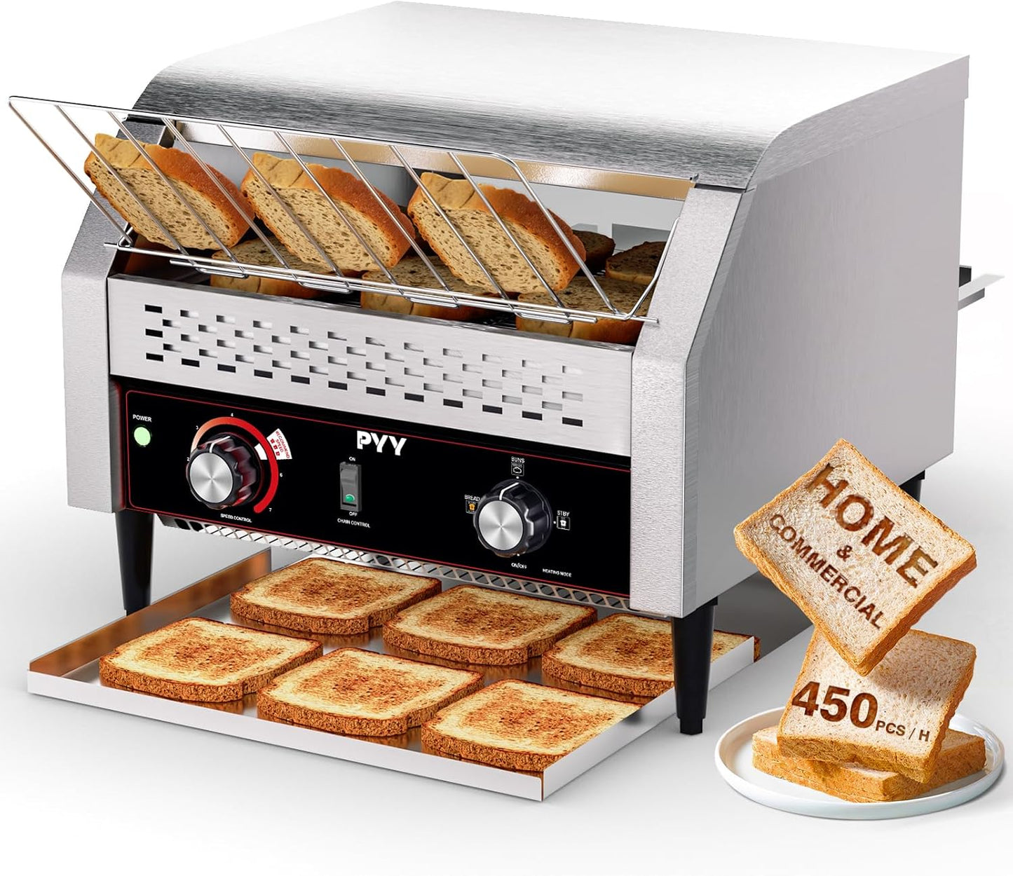 PYY Commercial Conveyor Toaster 450 Slices/Hour, Electric Conveyor Belt Toaster for Toast, Bun, Bagel, Bread, Heavy Duty Stainless Steel Toaster Oven for Restaurant, Bakery, Buffet Use