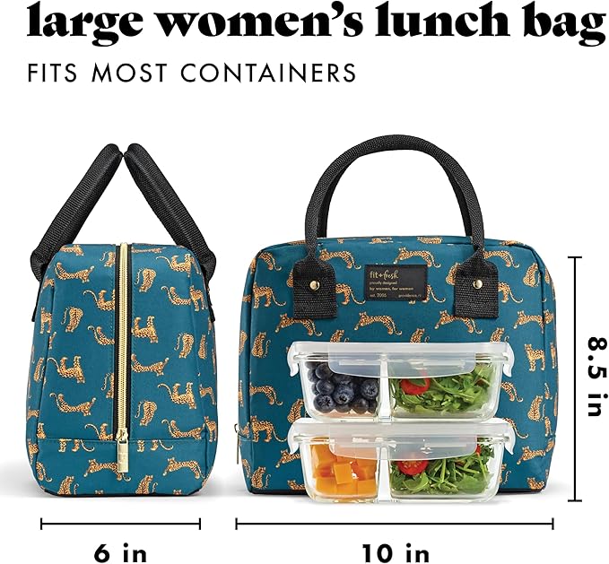 Fit & Fresh Bloomington Lunch Bag for Women - Insulated Large Lunch Box for Work with Containers, Leak-Resistant, Stain-Resistant, Zipper Closure, Teal Cheetah