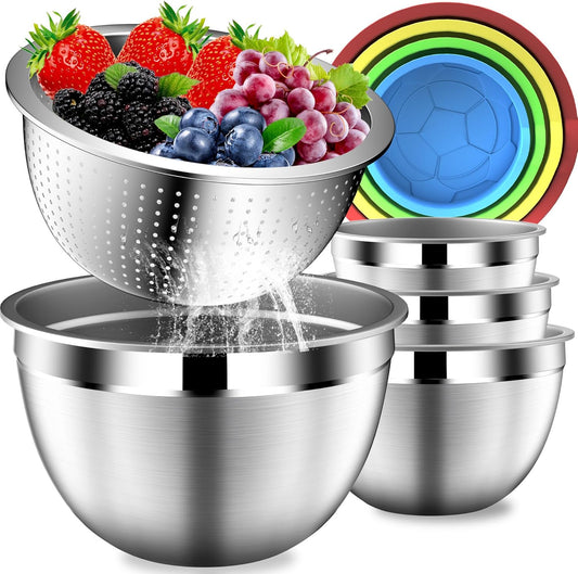 Mixing Bowls with Strainer, Mixing Bowl with Lids Set, Stainless Steel Mixing Bowls, Kitchen Gadgets 2025 Salad Bowls with Strainer for Mixing & Preping & Baking, Multicolor