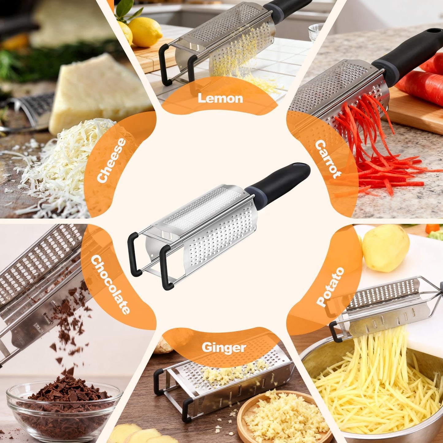 3 in 1 Cheese Grater, Lemon Zester, Stainless Steel Cheese Grater Handheld, Grater Hand Crank, Practical Kitchen Gadgets, Graters for Cheese, Ginger, Garlic, Chocolate, Vegetables, Fruits (Short)