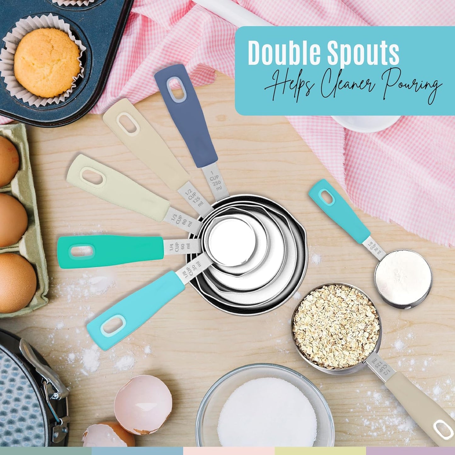 Nextop 14-Piece Stainless Steel Measuring Cups and Measuring Spoons Set with All Stackable Sizes and Leveler for Dry Ingredients, Complete Set for Kitchen & Baking Measuring Tools (Aqua Sky Blue Set)