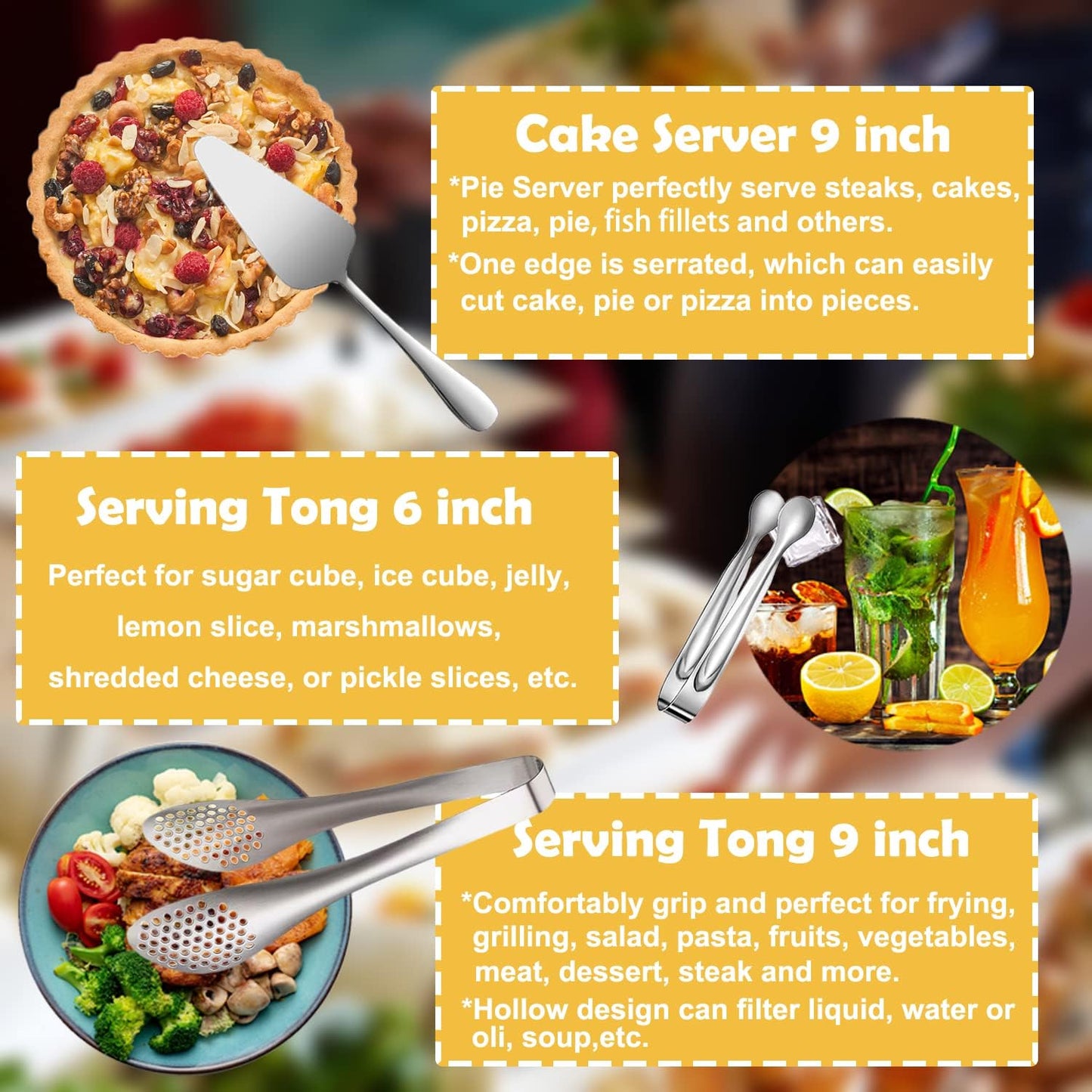 11 PCS Serving Utensils, Large Stainless Steel Spoons Forks Tongs, Pie Server, Great for Hostess Buffet Catering Banquet Party, Silver