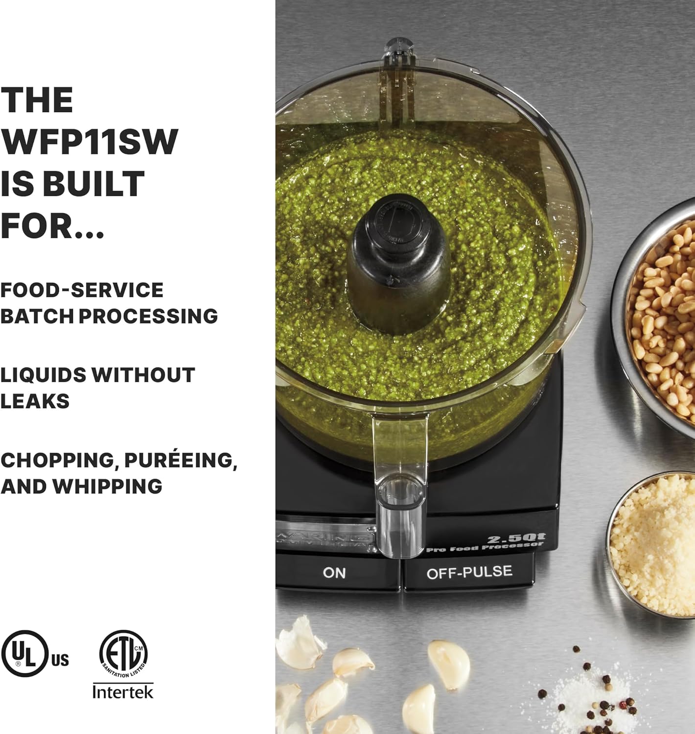 Waring Commercial WFP11SW 2.5 Quart Food Processor, 3/4 HP Motor, Low Profile Design, Patented LiquiLock Seal Bowl System, Includes Whipping Disc and a Standard S blade for Chopping, Pureeing, and Emulsyfying, 120V, 5-15 Phase Plug