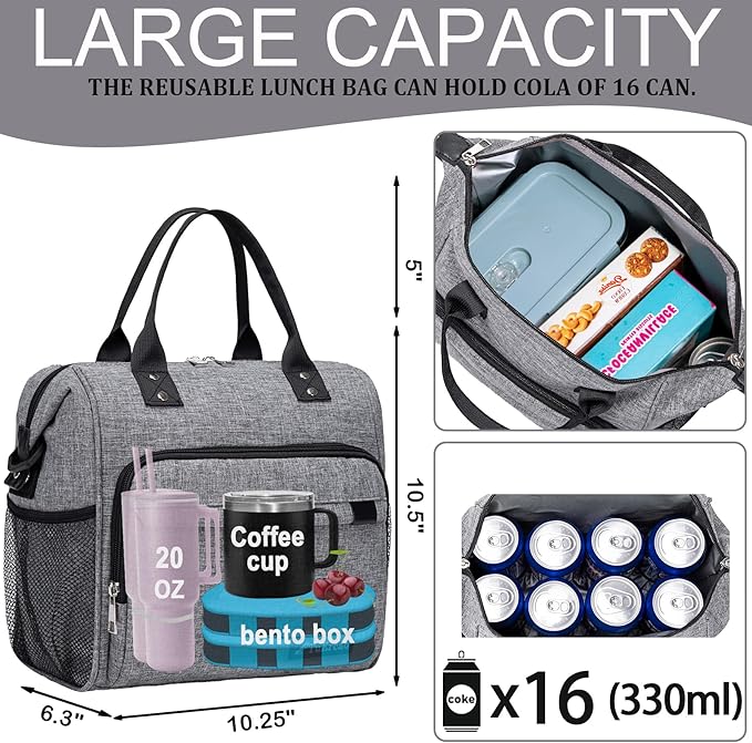 TuErCao Insulated Lunch Bag Soft Cooler Bag for Beach Travel Picnic, Adult Lunch Box for Women for Work, Dark Grey