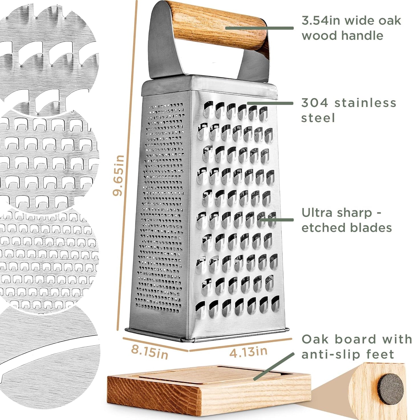 WALDWERK Premium Grater with Etched Stainless Steel Blades - Grater for Kitchen with Oak Wood Base - Box Grater with 4 Sides for Parmesan Cheese, Vegetables, Carrots, or Potatoes - Cheese Grater