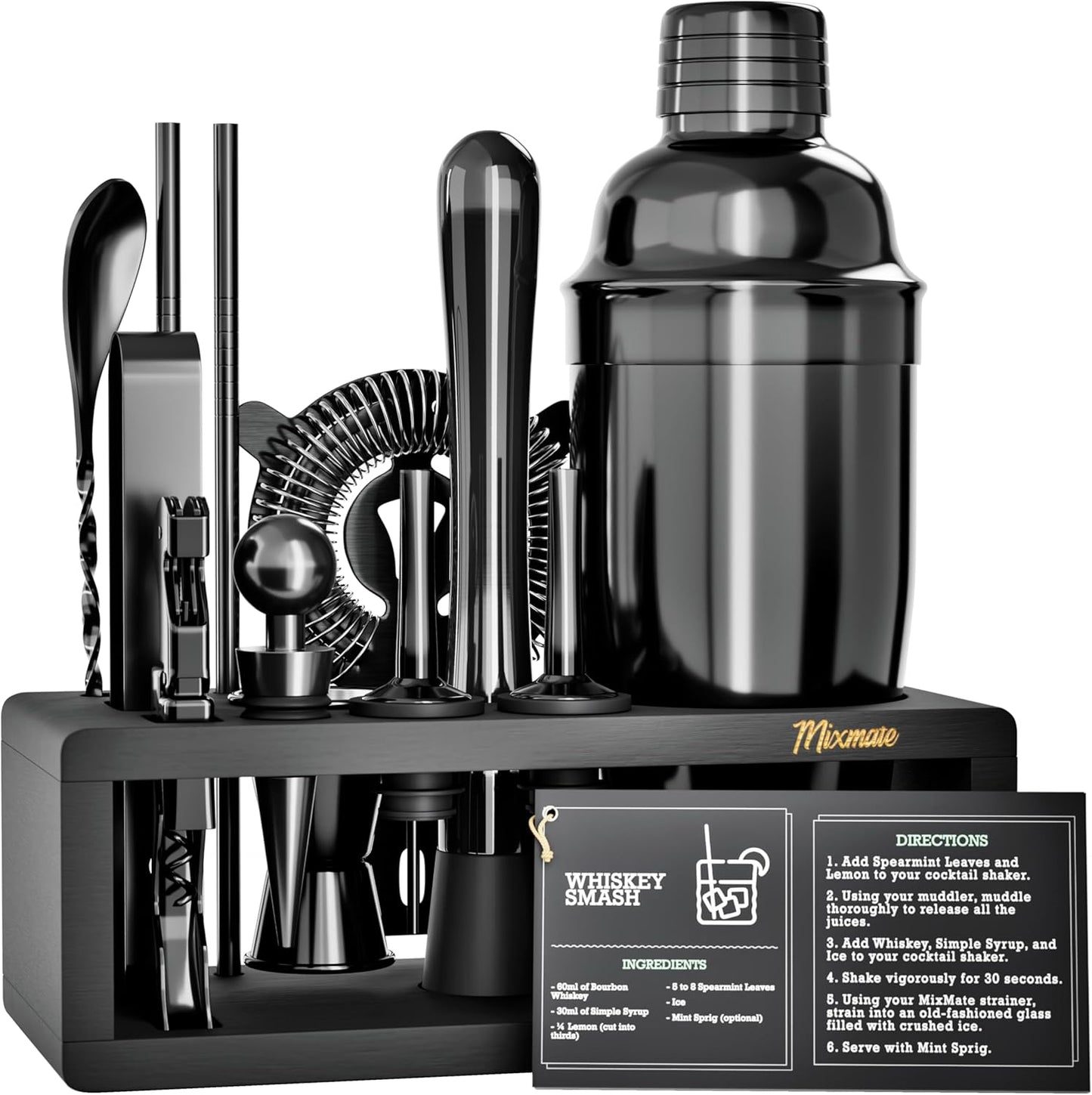 Black Stainless Steel Cocktail Shaker Set with Wood Stand - 15 Piece Bartender Kit with Drink Shaker, Bar Spoon, Jigger, Muddler, Strainer, Bottle Opener, Stopper, Pour Spout, Stirrers, Tongs, Recipes